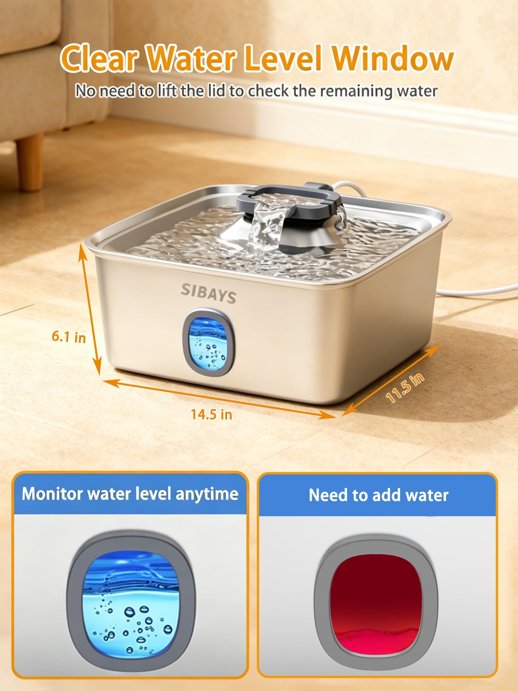 SIBAYS Fuente de agua grande para perros de 4 galones/15 L, fuente de acero inoxidable para mascotas con ventana de agua y luz LED, dispensador automático ultra silencioso para perros grandes y