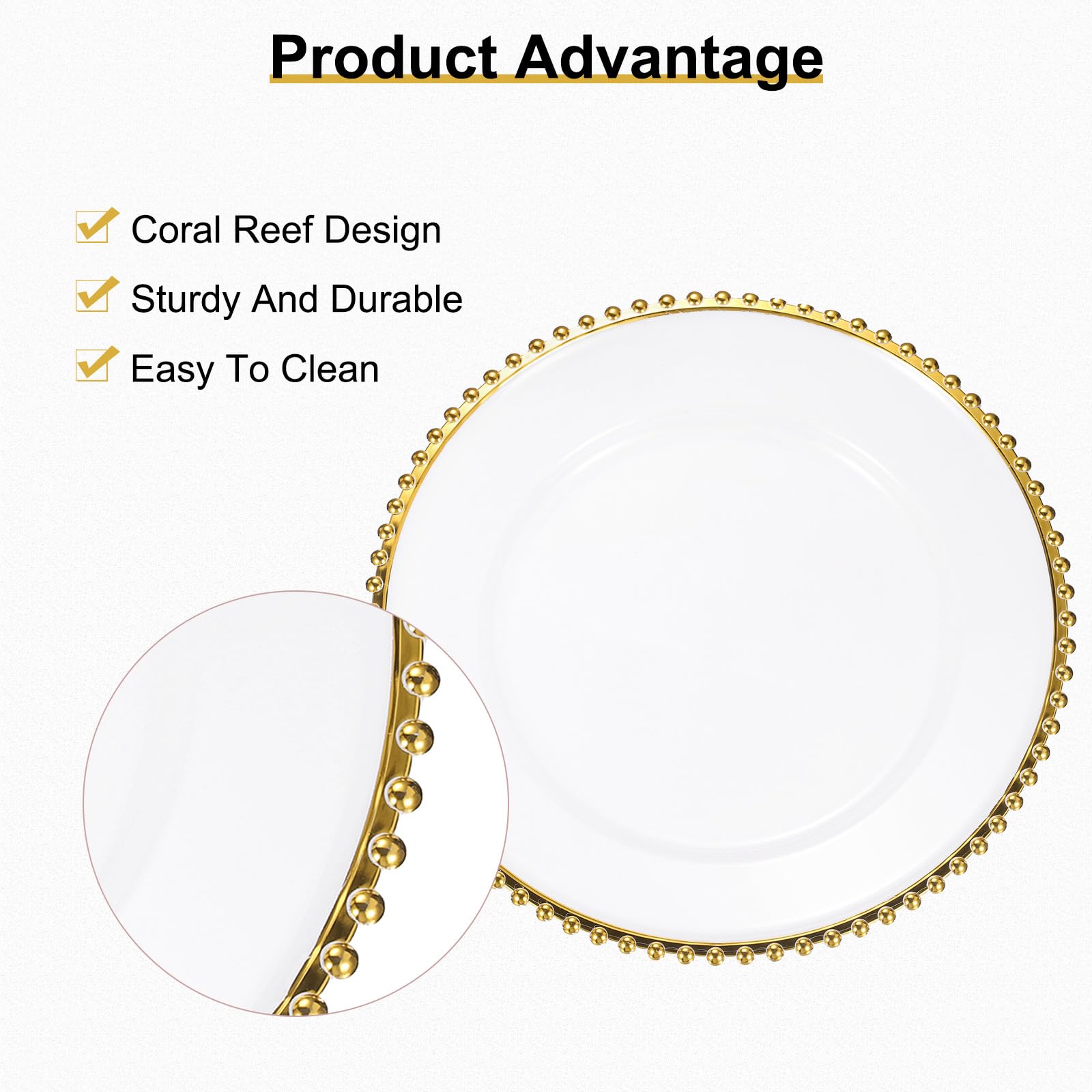 QUARKZMAN 6 klare Platzteller, 33 cm, runde Platzteller aus Kunststoff mit Perlenbesatz, Abendessen-/Dessertteller für Hochzeitsfeiern, Tischdekoration, Gold auf Weiß