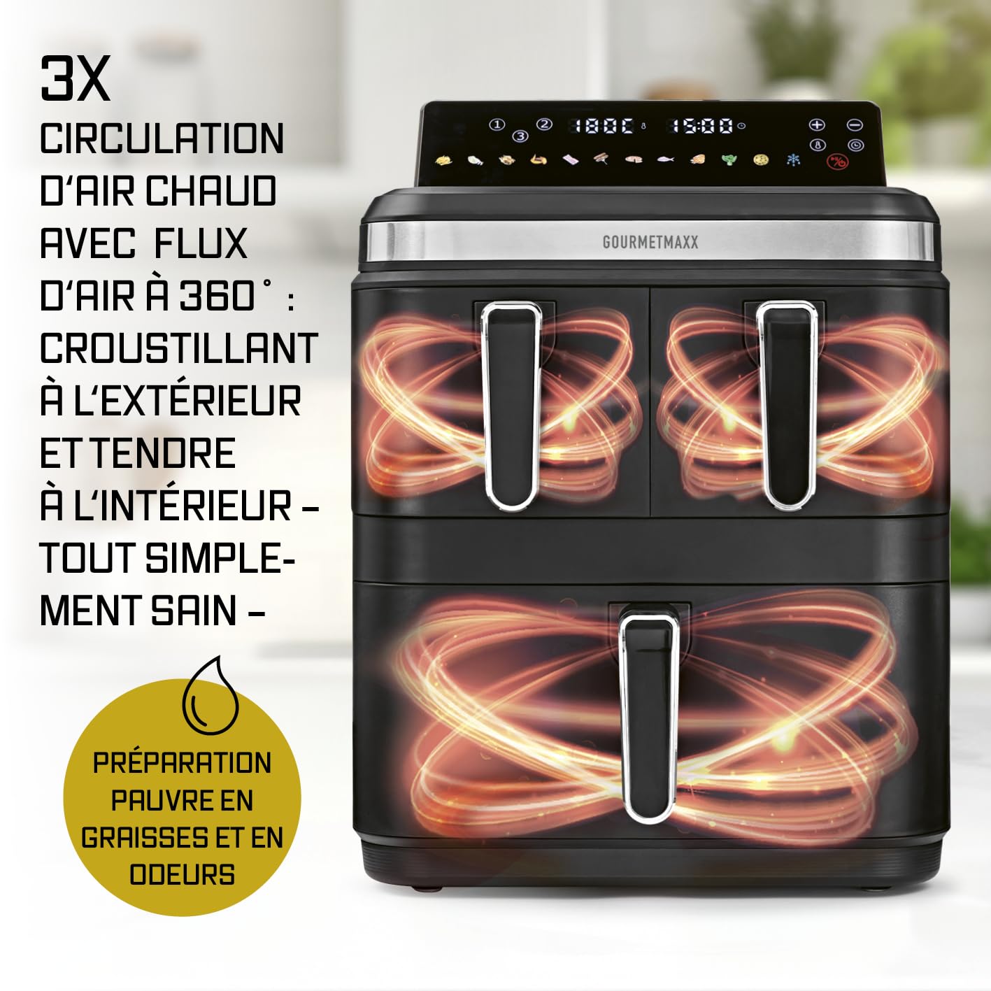 GOURMETmaxx FryUp3 Friteuse à air chaud verticale 3 chambres | Friteuse à air chaud XXL 17 litres | Airfryer avec écran tactile pliable multicolore | Friteuse à air pour 12 personnes | 12 programmes