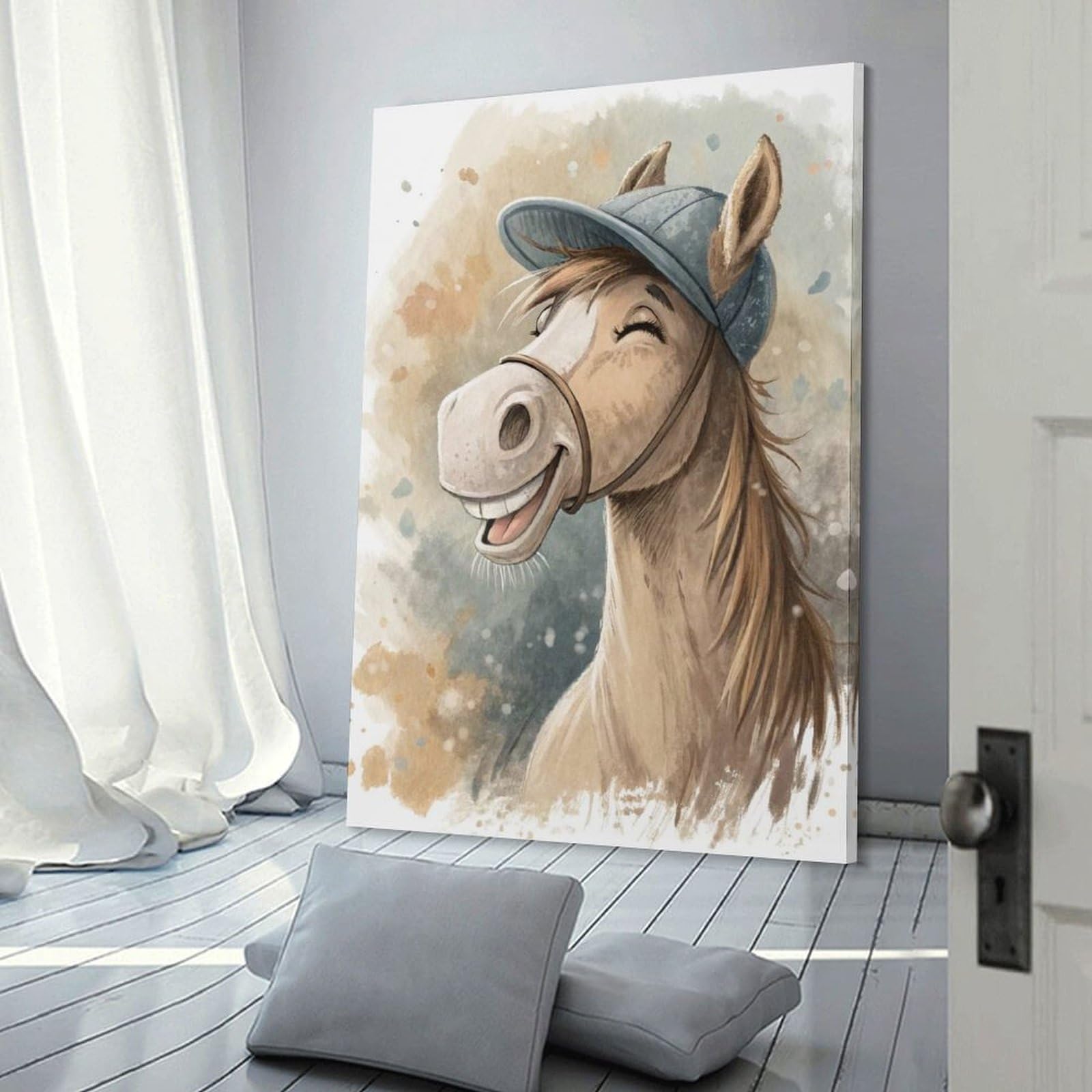 Junmoney Happy Horse Wearing A Cap Wall Picture Print 08x12inch(20x30cm), for Calm Bedrooms, Home Corners Or Flats, Home Artwork with A Soft Interior Feel