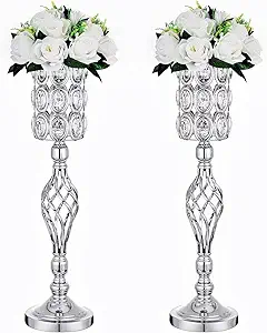 24in Metal Diamond Crystal Wedding Centerpiece Vases for Tables Set of 2, Silver Versatile Tall Flower Holders Centerpiece Flower Stands for Wedding Party Reception Home Décor