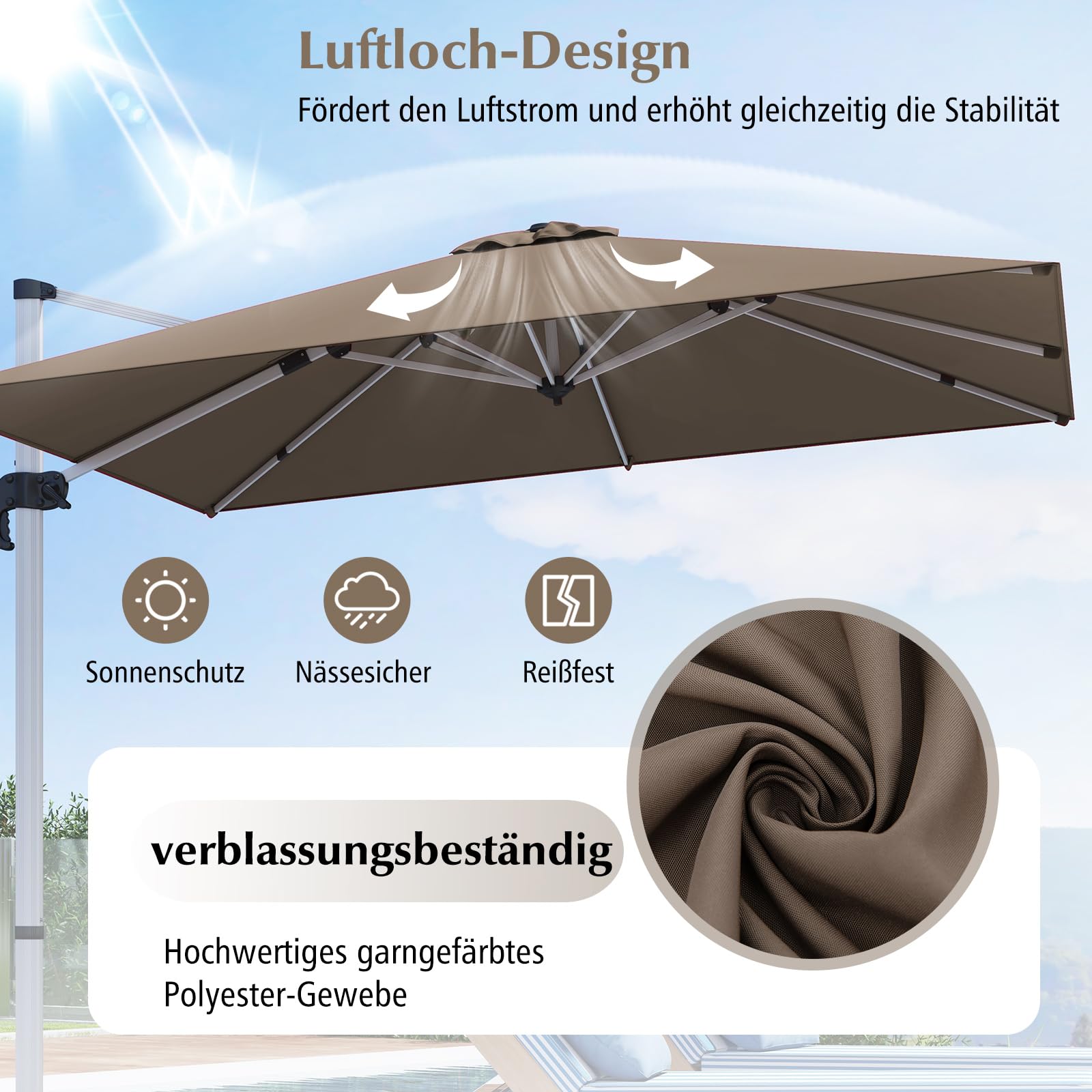 COSTWAY Parasol przeciwsłoneczny, prostokątny, 300 x 300 cm, duży parasol przeciwsłoneczny z korbą, parasol ogrodowy, odchylany, obracany o 360°, parasol tarasowy, do ogrodu, na taras, balkon