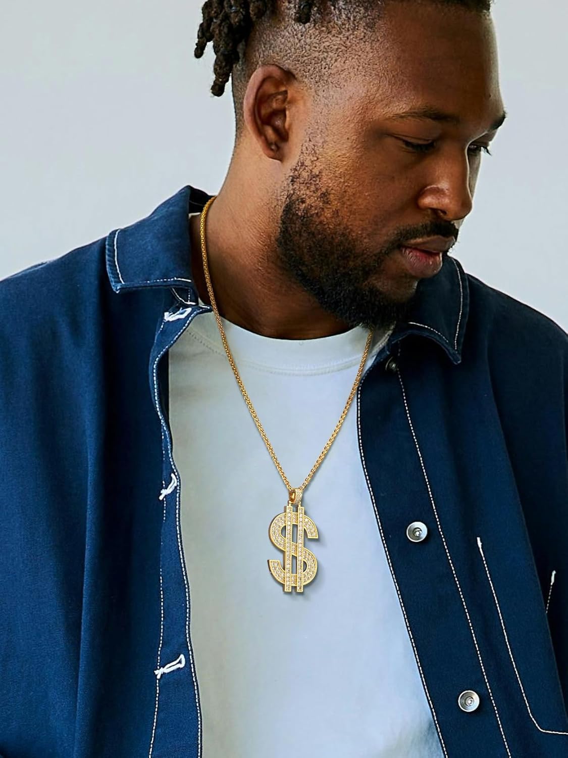 KeyStyle Dollar Sign Chain for Men, Fake Diamond Money Pendant Necklace Hip Hop Rhinestone Rapper Costume Jewelry Fashion Pendants with 22/28 Inches Wheat Chain
