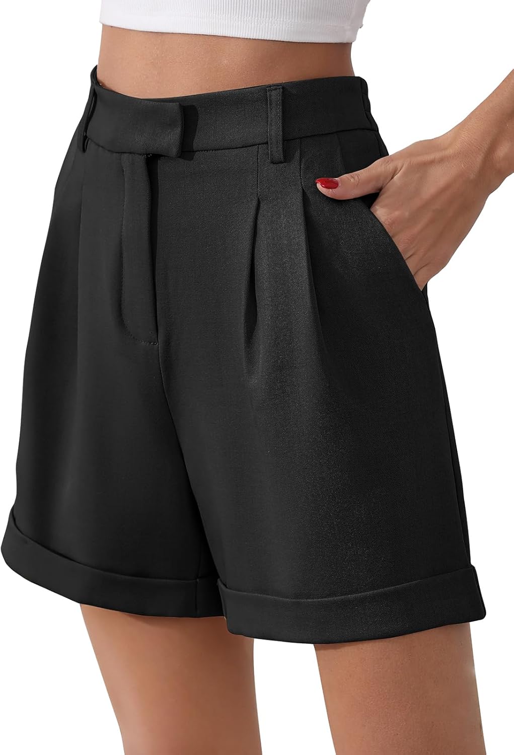 Gracyoga Shorts for Women Trendy Summer Elastic High Waisted Wide Leg Casual Short Loose Cuffed Hem Work Trouser Shorts - Image 3