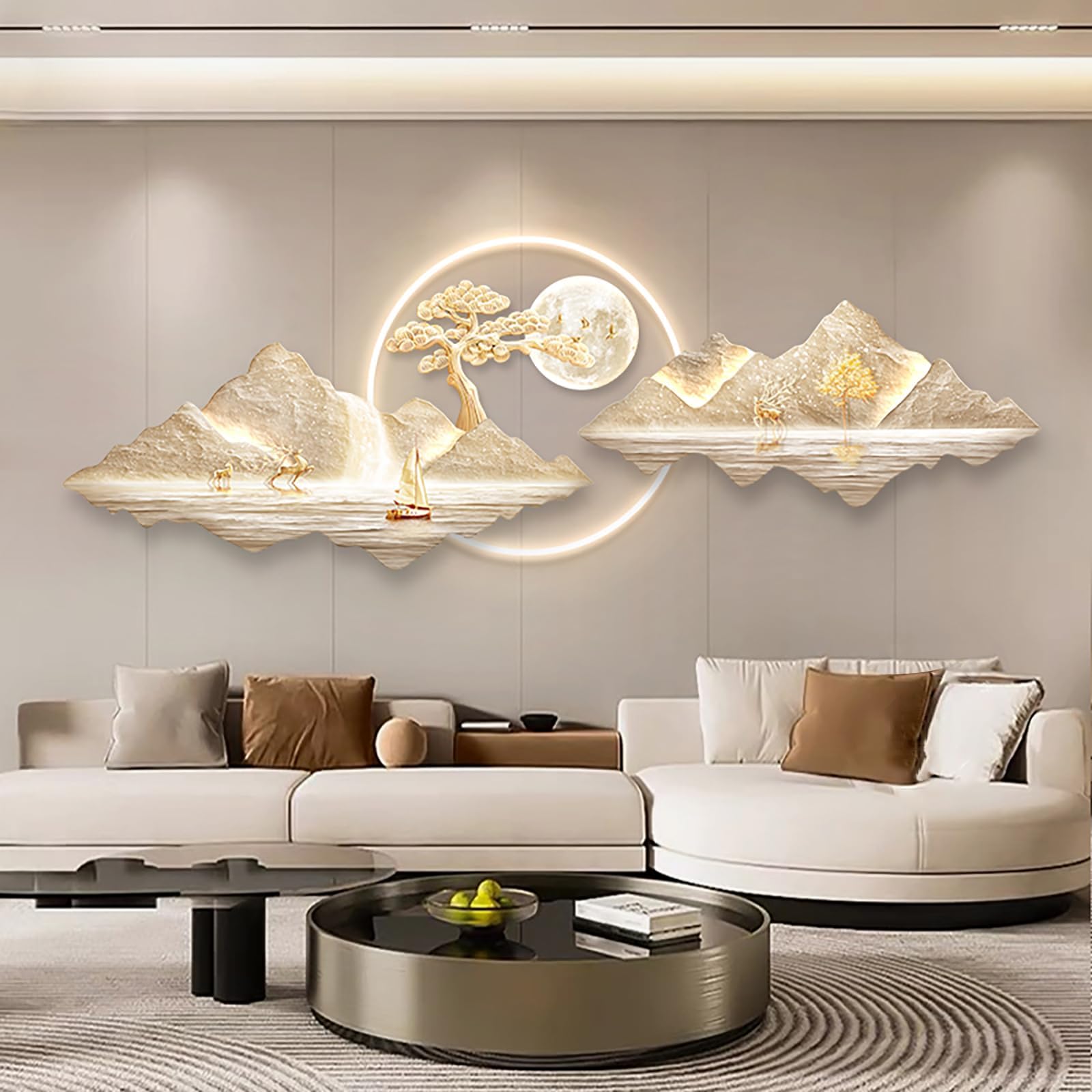 3D Wall Art Decoration, Large Wall Sculpture Painting with Led Light, Creative Landscape Hanging Picture for Entrance Hallway Bedroom Home Decor