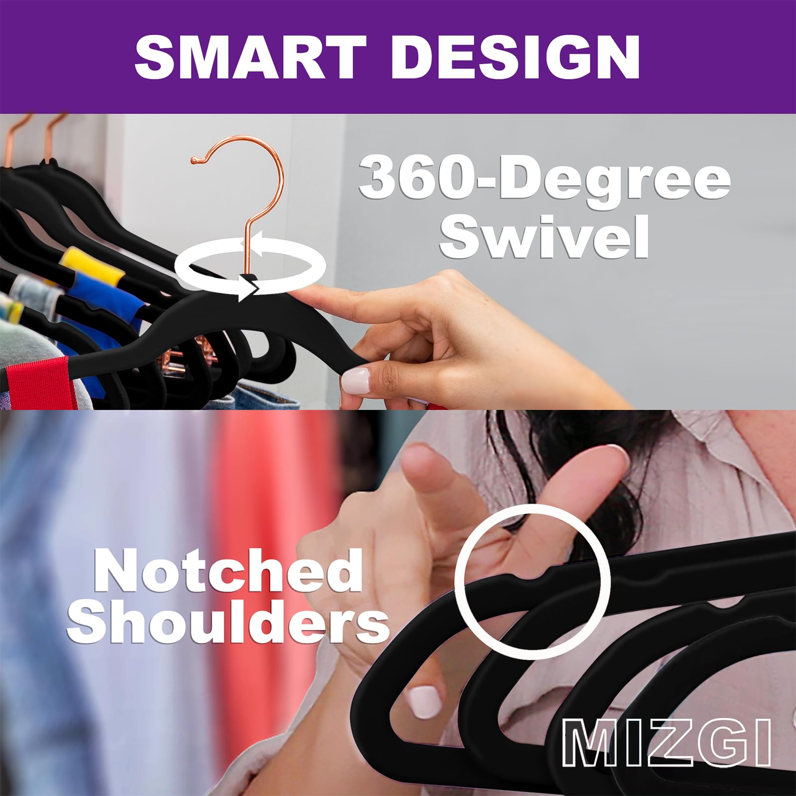 MIZGI Premium Samt-Kleiderbügel, strapazierfähig, rutschfeste Filz-Kleiderbügel, Samt-Kleiderbügel, schwarz, rotgoldene Haken, platzsparende Kleiderbügel, 100 Stück