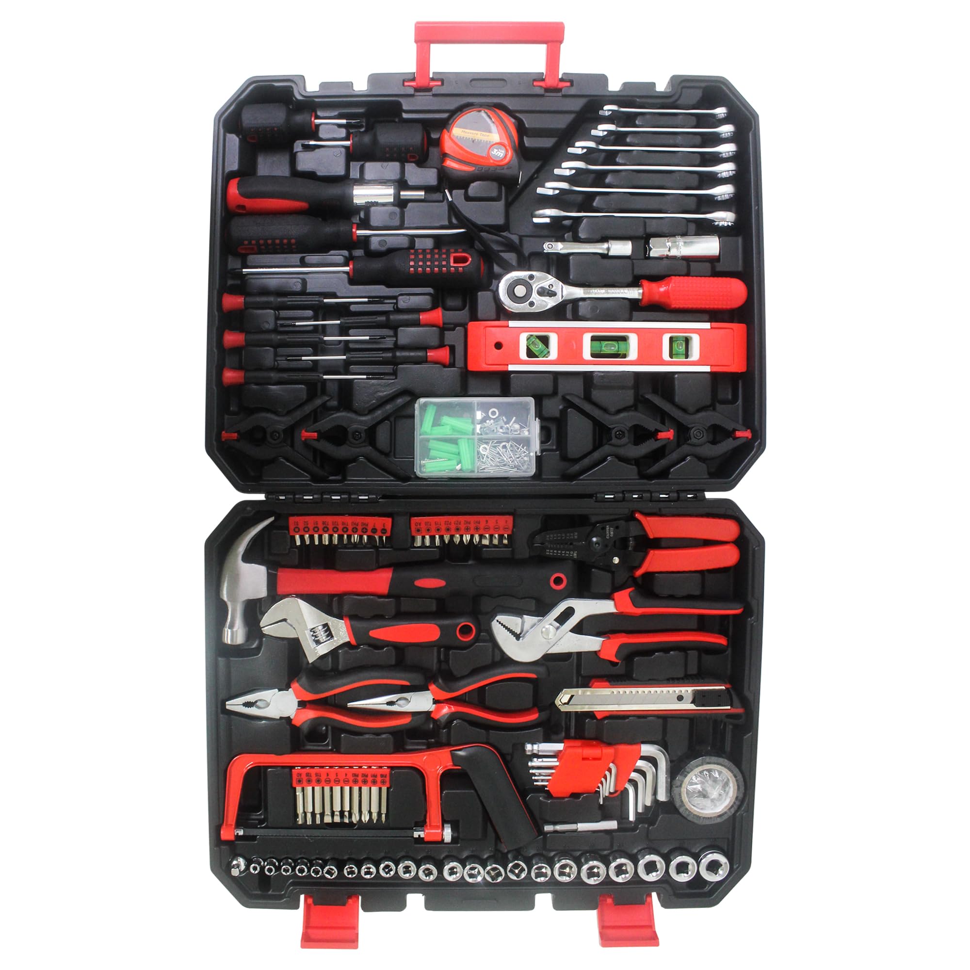 238-teiliges Werkzeugset im flachen Werkzeugkoffer, kompaktes Handwerkzeug Set mit Schloss, universelles Werkzeug für Haushalt Elektro Auto Reparatur DIY, Schwarz+Rot