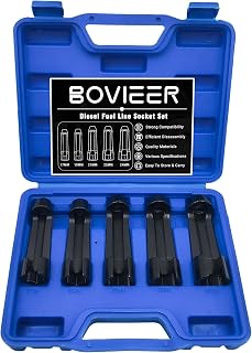 12090 Fuel Line Socket Set, 5 Pcs Diesel Injector Flare Nut Socket Kit Compatible with VW Audi BMW Ford Cummins Engines, 17mm 19mm 21mm 22mm 24mm 3/8" Drive Fuel Line Flare Tools