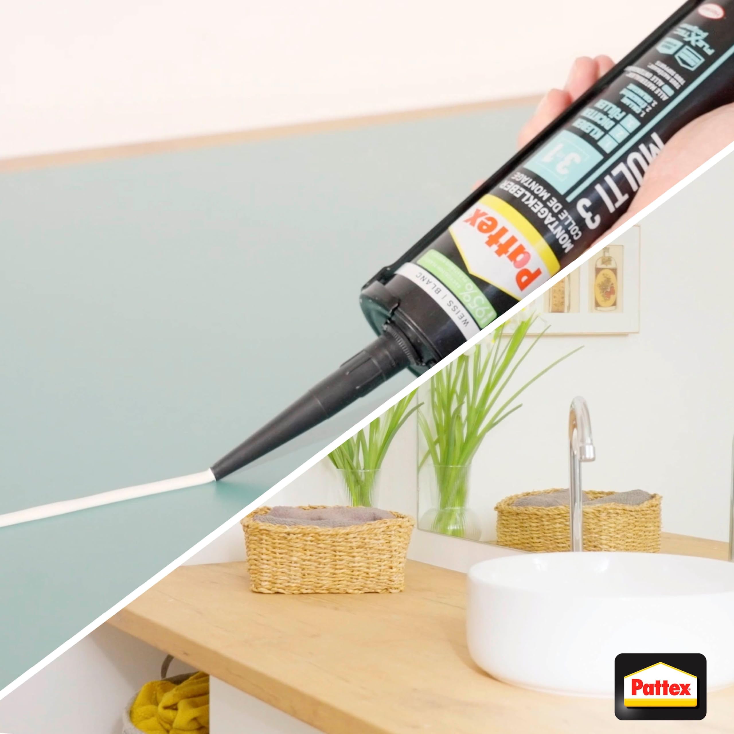 Pattex Montage Multi 3, 3in1 Montagekleber, starker Kraftkleber für fast alle Materialien*, wetterbeständiger Baukleber für innen und außen**, weiß, 12x390g Kartusche
