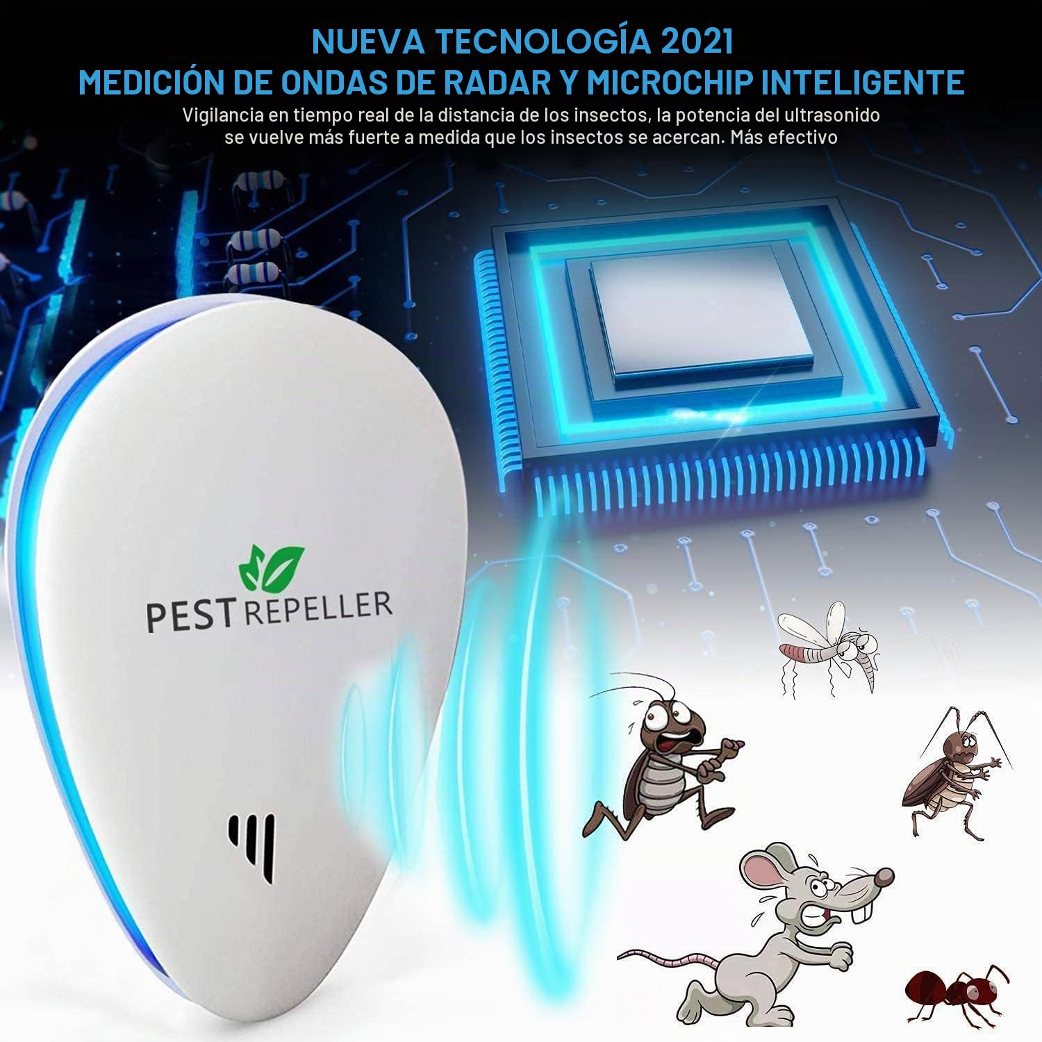 Ultrasonidos para ratones, repelente ultrasónico antimosquitos ultrasónico interno dispositivo anti ratones, insectos, mosquitos, cucarachas, ratas, hormigas, arañas, 4 paquetes