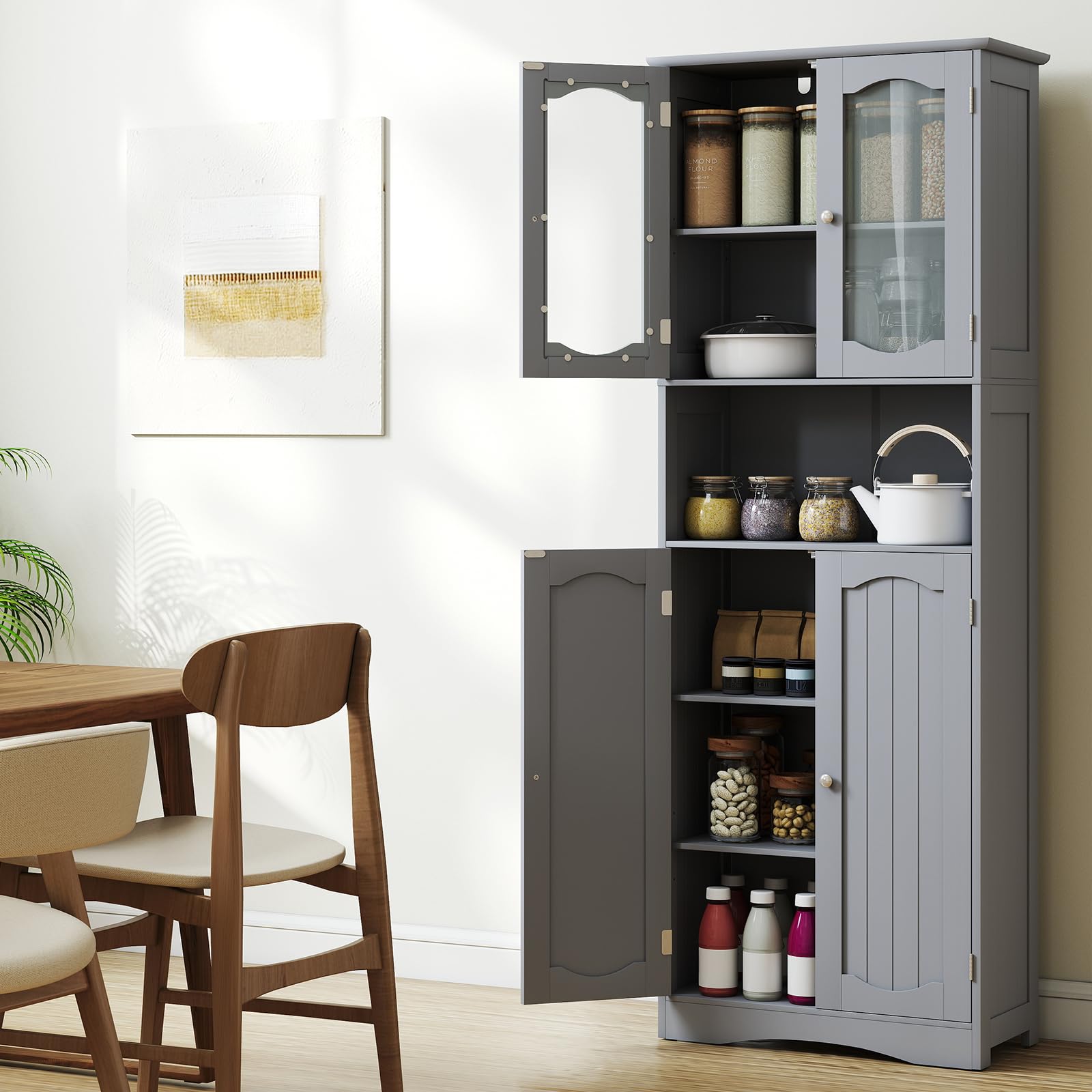 LIFEZEAL Armario Alto para Baño Independiente con Puertas de Cristal, Armario de Baño con Estantes Ajustables, Organizador de Almacenamiento para Cocina, Salón, Oficina, 60 x 30 x 164 cm (Gris)