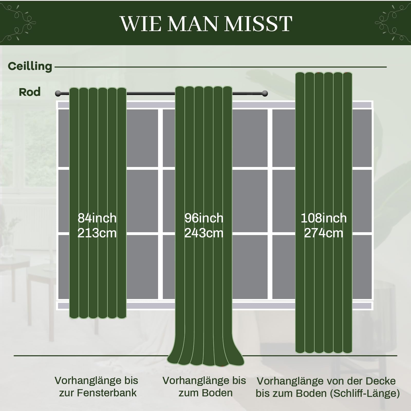 Rosnek Thermovorhang Kräuselband 2 Stück,90% Blackout Curtains Thermogardine Vorhang Samt,Verdunkelungsvorhänge übergardinen Vorhänge,Olivgrün,H244xB132CM