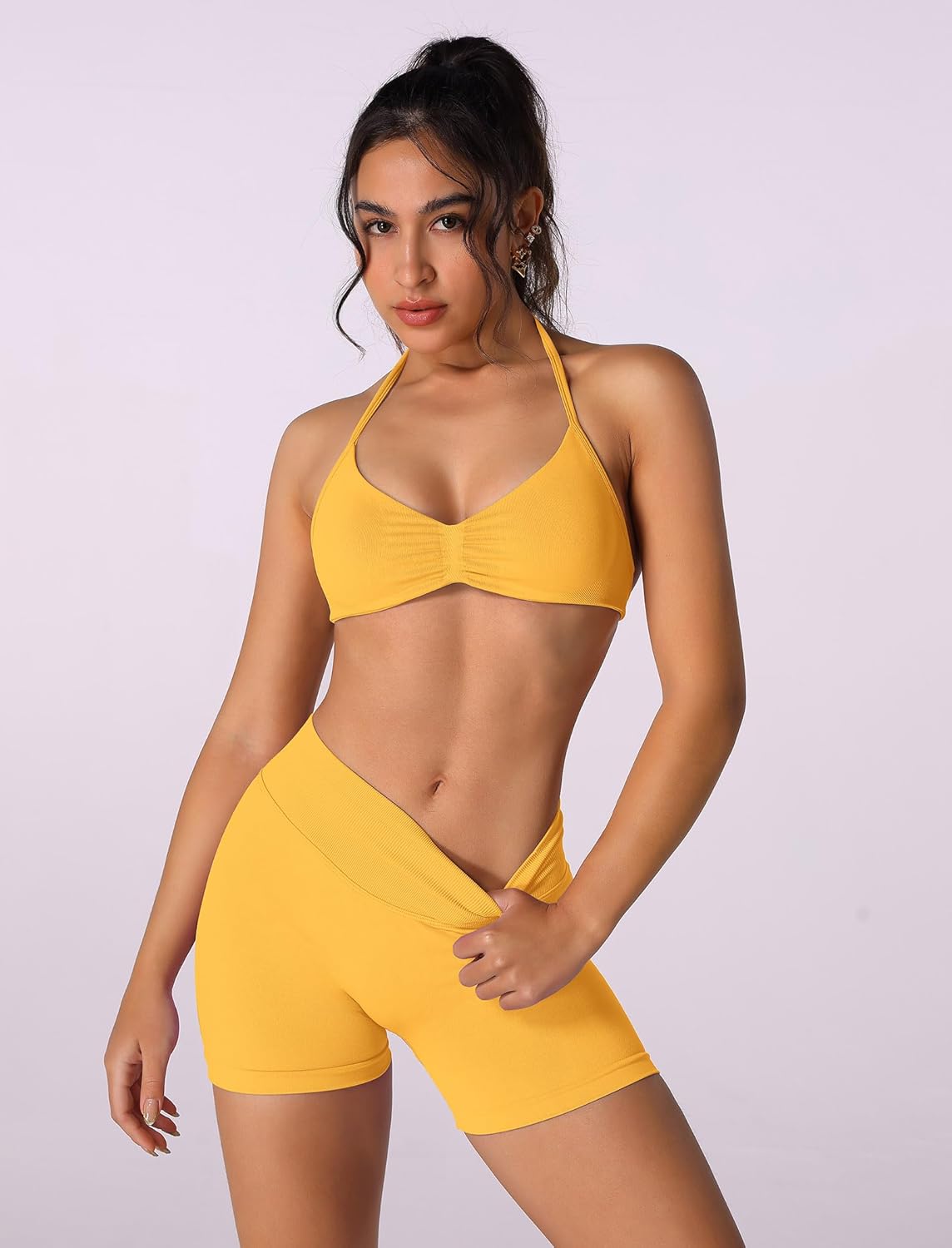 ABOCIW Womens Seamless Workout Sets 2 Piece Strappy Halter Sports Bra Scrunch Butt Shorts Gym Yoga Outfits - Image 4