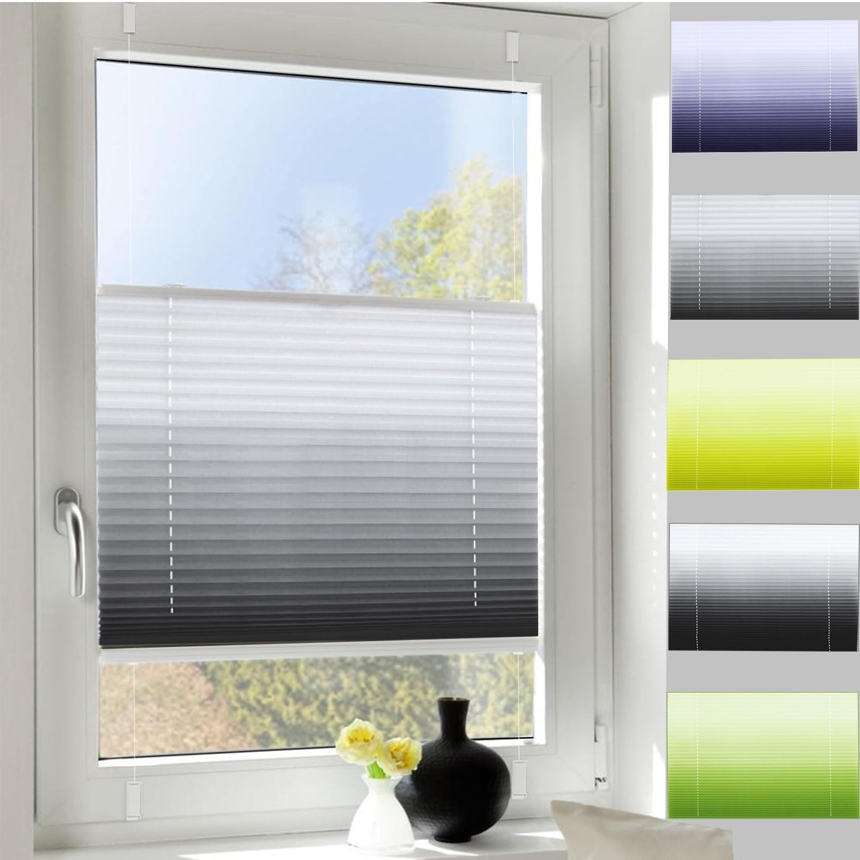 Stick on Blinds for Windows, 100 x 130 cm No Drill Stick on, Easy Fit No Drill Blinds Pleated Shade Includes All Assembly Parts, for Bedroom Bathroom Kitchen, Grey — image 1