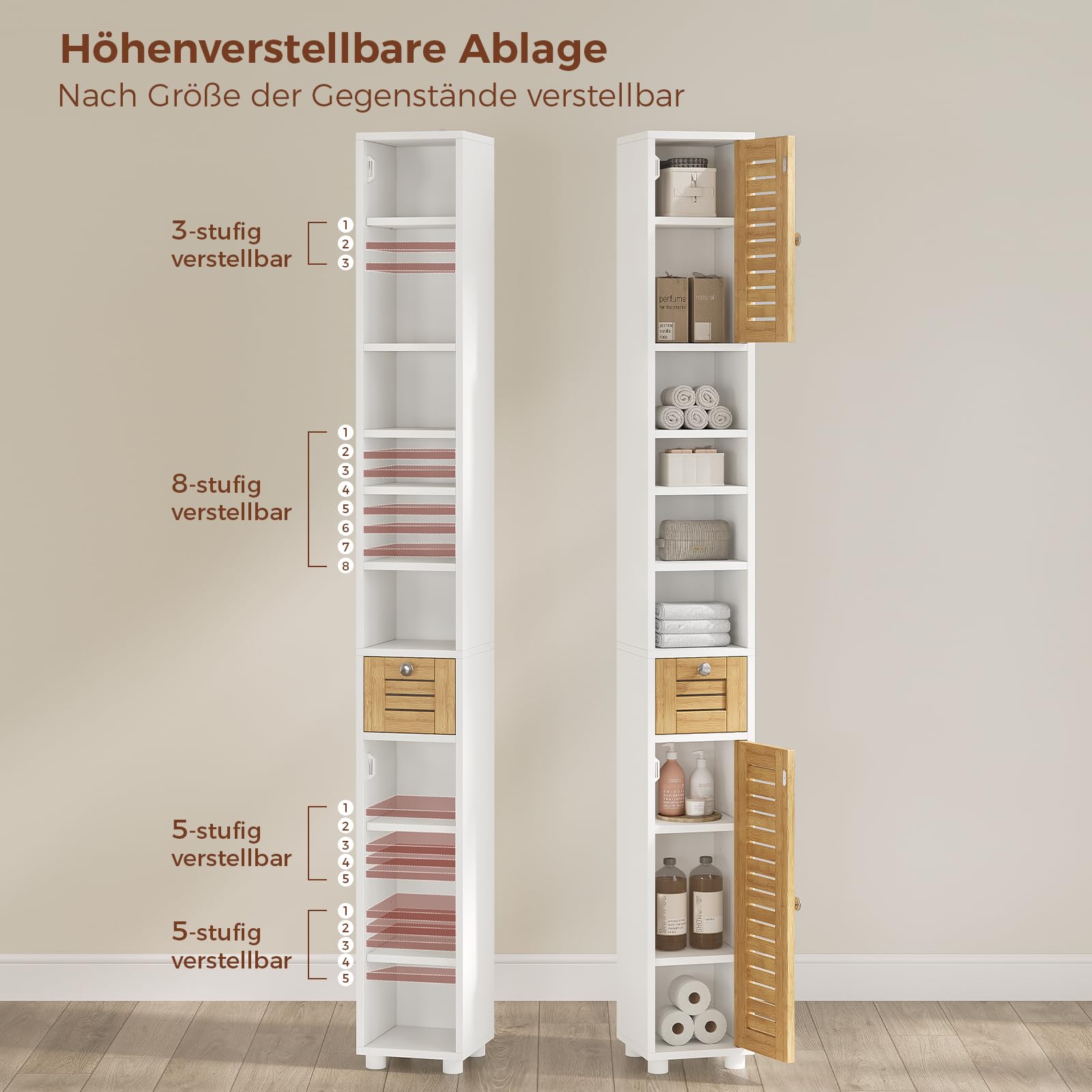 Meuble Colonne Salle de Bain, Meuble de Rangement avec 4 étagères ouvertes, 2 Portes en Bambou,1 Tiroir,Meuble Haut avec Étagères Réglables,Armoire de Toilette pour Salon, Cuisine,22x20x180cm