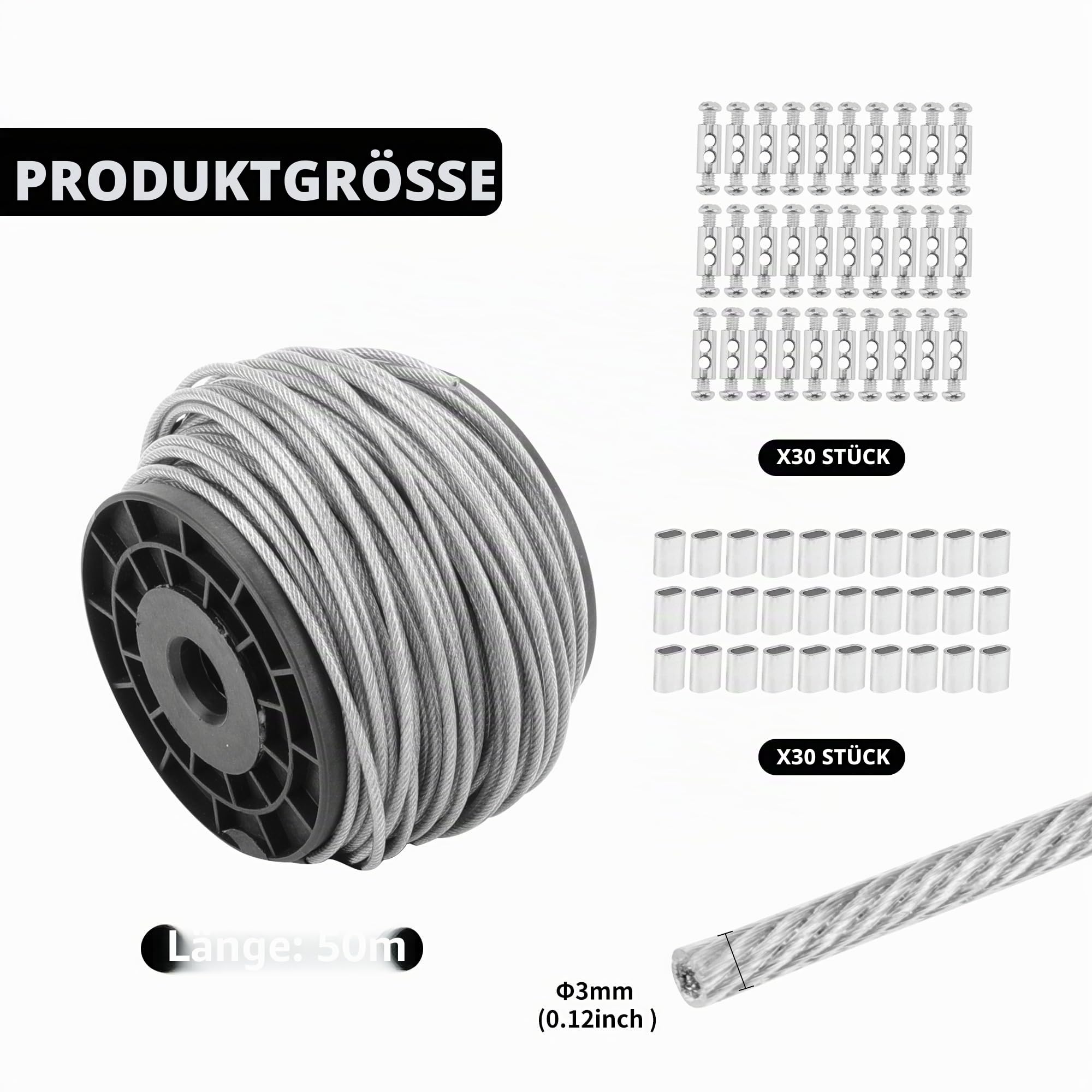 50m 3 mm Drahtseil, Edelstahlseil 7x7 für Rostfrei Seil, mit 30 Bügelformklemme M5 Spannschlösser Drahtseil kauschen Edelstahl Stahlseil kit