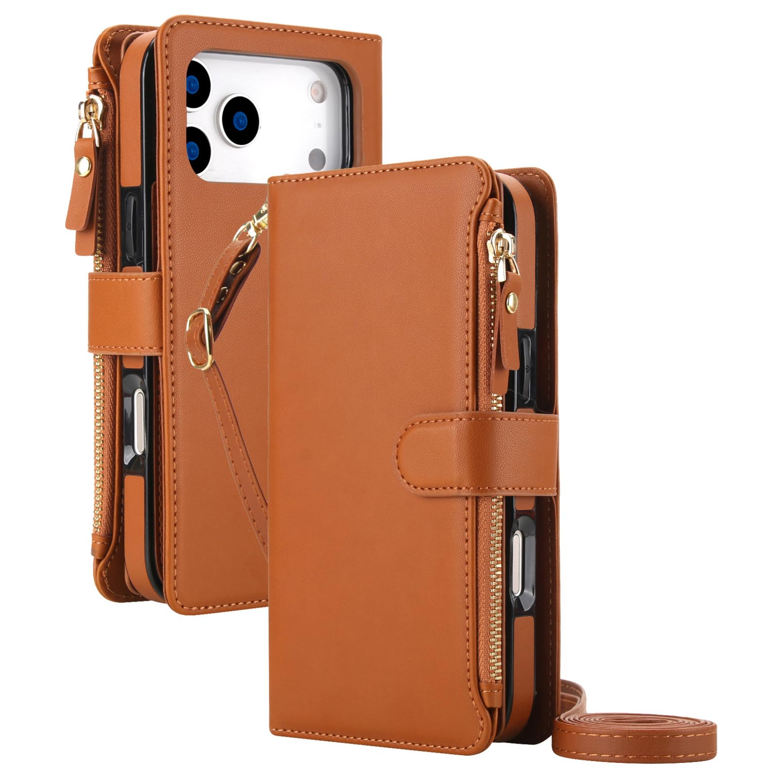Mfaoshi Brown Magnetic Case For Iphone 17 Pro Max/17 Pro/17 Air/17, Detachable High-Capacity Zipper Wallet Cover With Kickstand Function Leather Case,,17 Air