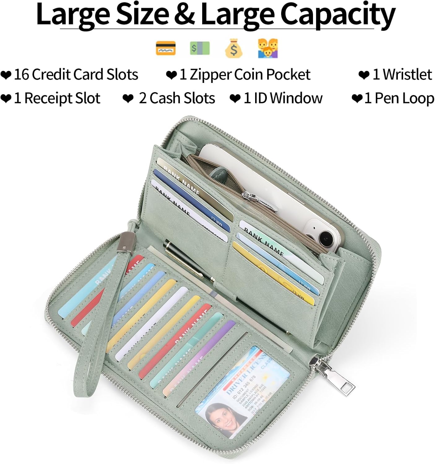 GOIACII Womens Wallet RFID Blocking Leather Large Capacity Long Purse Card Clutch Wristlet - Image 3