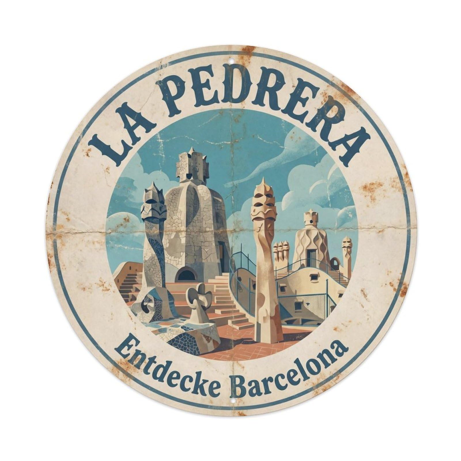 Barcelona Rooftop Chimneys Modernist Vintage Travel Landmark Metal Tin Sign Plaque Wall Decor for Cafe, Man Cave, Club Bar, Office, Home Garden Round Metal Poster 8x8Inch