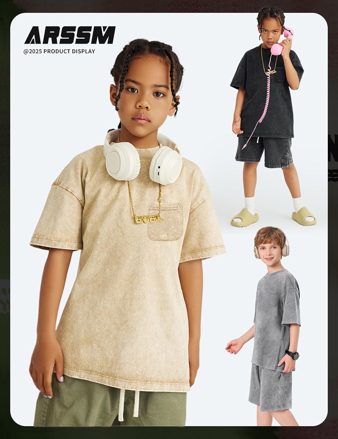 Arssm 3 Pack Boys Tshirts Kids Oversized T Shirts Cotton Acid Wash Crewneck Summer Basic Tees - Image 4