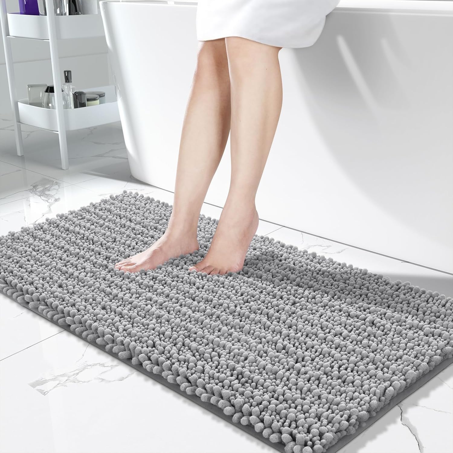 Yimobra Bathroom Runner Rug 55x24 Inch - Extra Long Non Slip Chenille Bath Mat, Soft & Absorbent, Machine Washable Shaggy Hallway Carpet for Vanity Tub Shower, Gray Home Decor Accessories