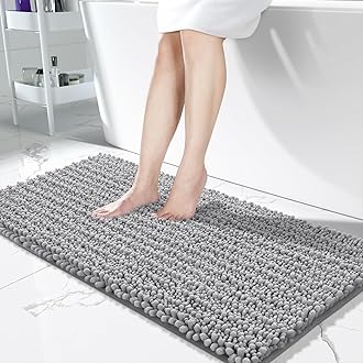 Bathroom Runner Rug 55x24 Inch - Extra Long Non Slip Chenille Bath Mat, Soft & Absorbent, Machine Washable Shaggy Hallway Carpet for Vanity Tub Shower, Gray Home Decor Accessories