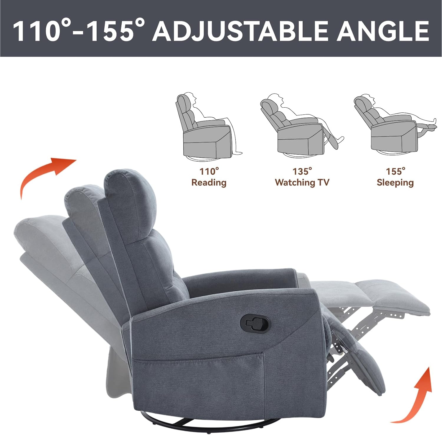 Swivel Rocker Recliner Chair for Adults, Modern Grey Rocking Recliner, 360 Swivel, 3-Position Recline, Space Saving, Adjustable Backrest, Foot Rest, Ideal for Living Room, Nursery, Office