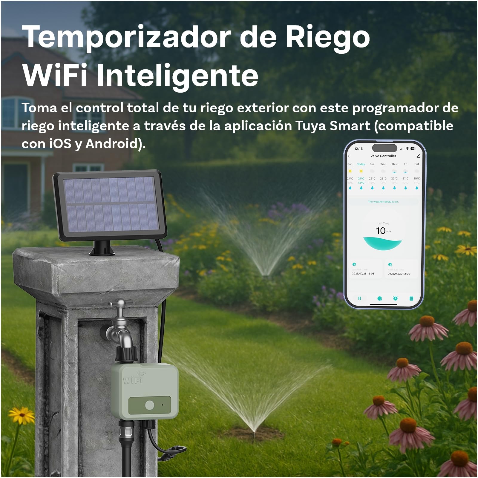Temporizador de Riego WiFi Inteligente por MMOBIEL - Programador de Riego con Alimentación Solar y USB - Alcance Inalámbrico de 30m (WiFi + Solar Powered)