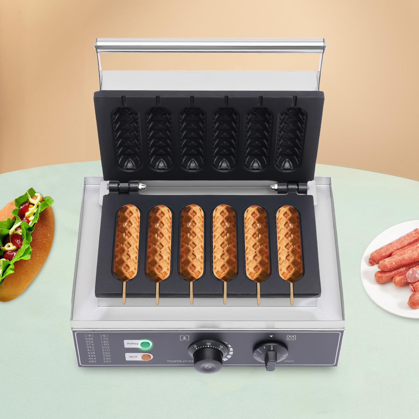 Máquina de perritos calientes 1500W 220V 6 unidades control temperatura 50-300℃ acero inoxidable