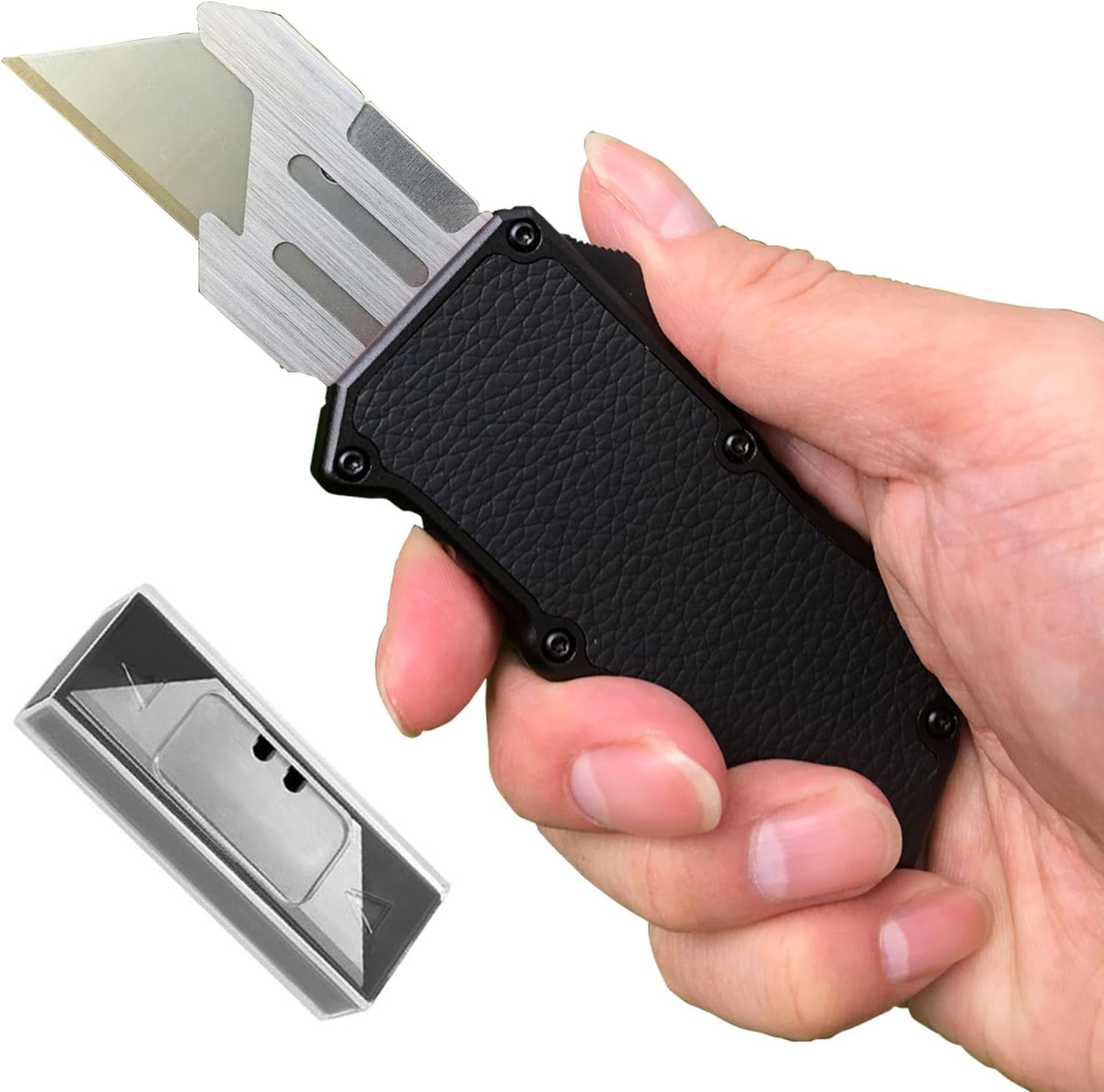 Caressolove Automatic Utility Knife, Black Razor Blades Pocket Knife, Box Cutters Retractable Heavy Duty, Premium Safety Push Button Knife with 5PCS Blades