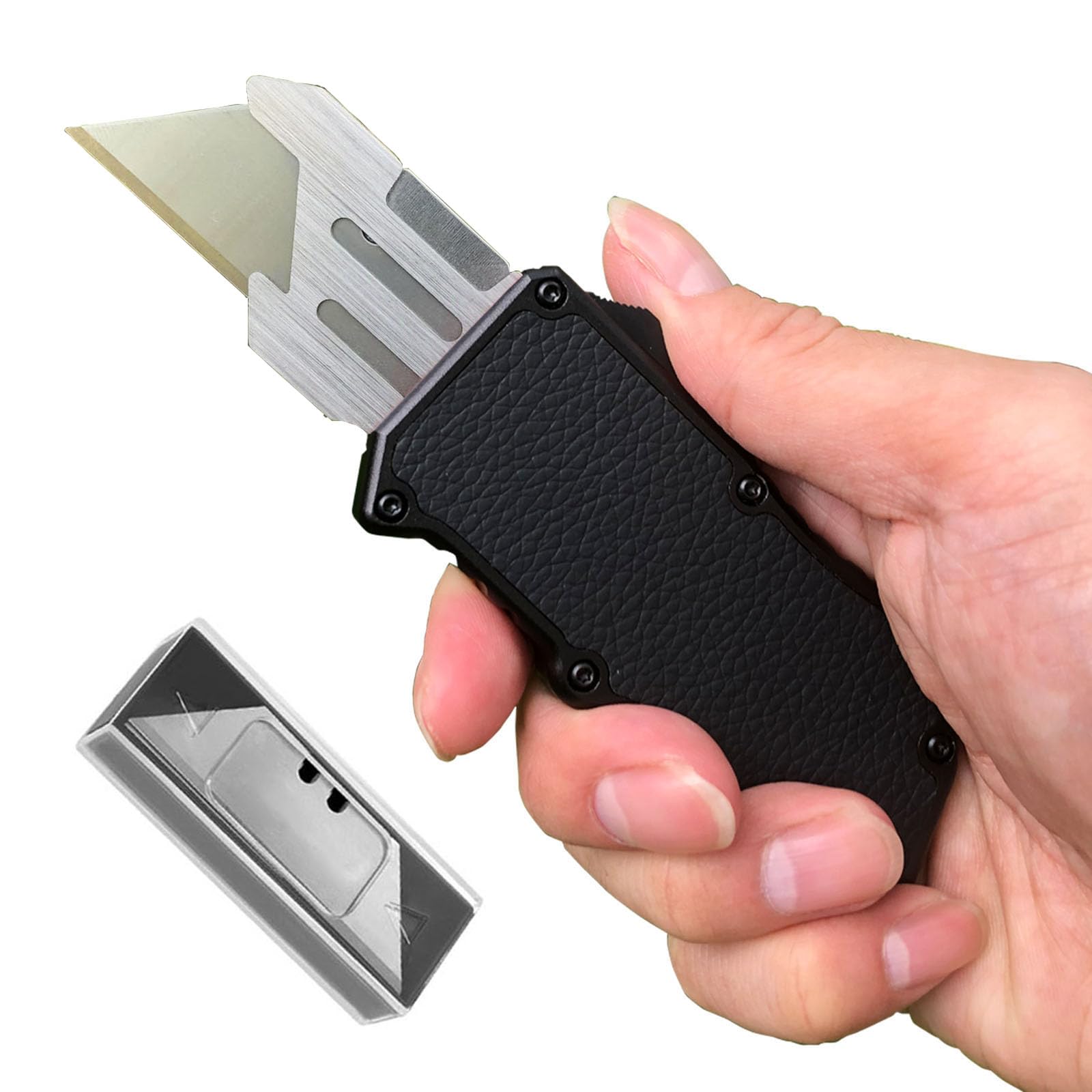 Automatic Utility Knife, Black Razor Blades Pocket Knife, Box Cutters Retractable Heavy Duty, Premium Safety Push Button Knife with 5PCS Blades