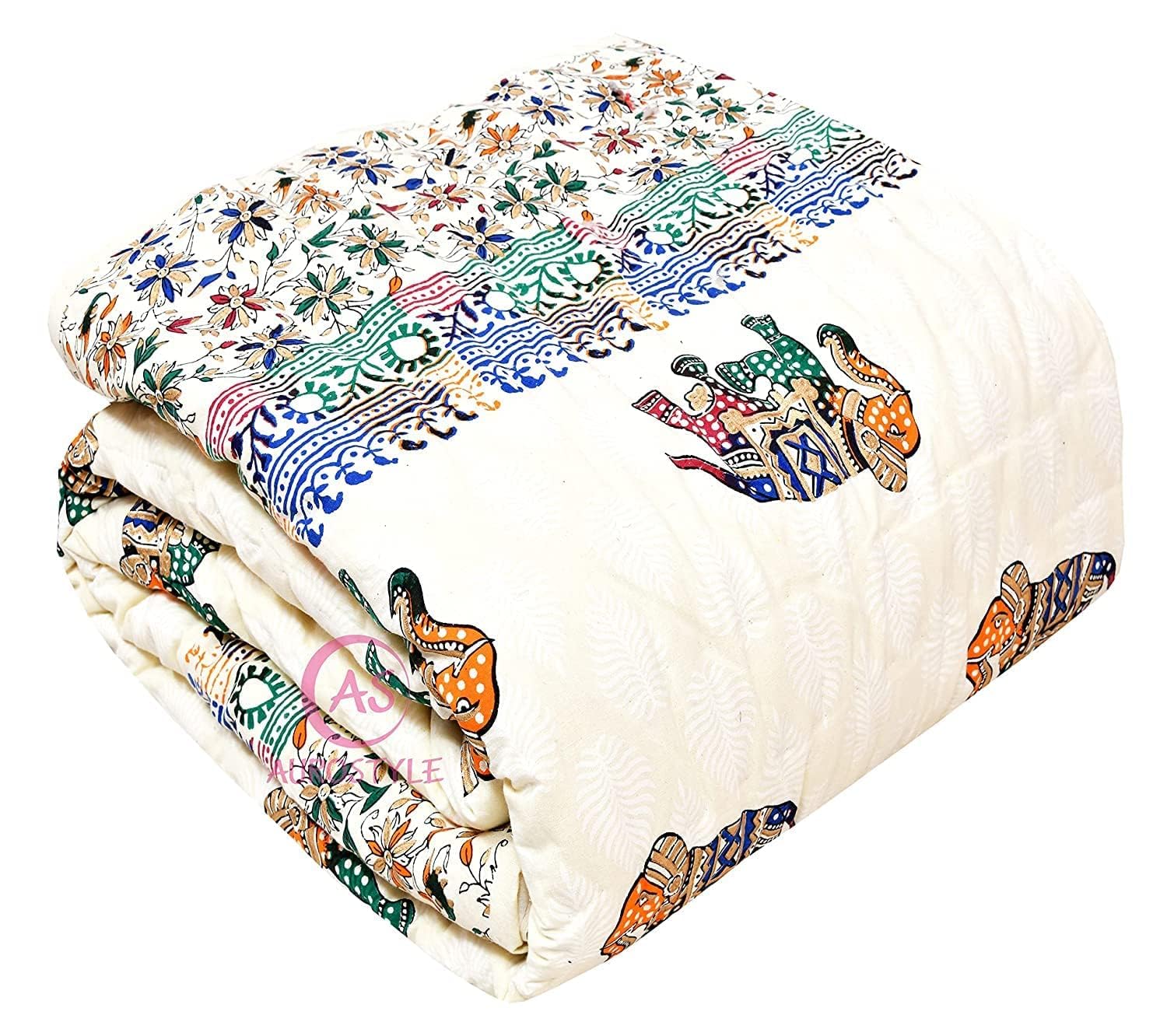 Traditional Famous Jaipuri Beautiful Floral Print Jaipuri Rajai/Razai/Quilt Single/Single Bed Quilt/Comforter/Ac Quilt/Ac Comforter (Elephant Print, Single Bed Quilt)-image-32