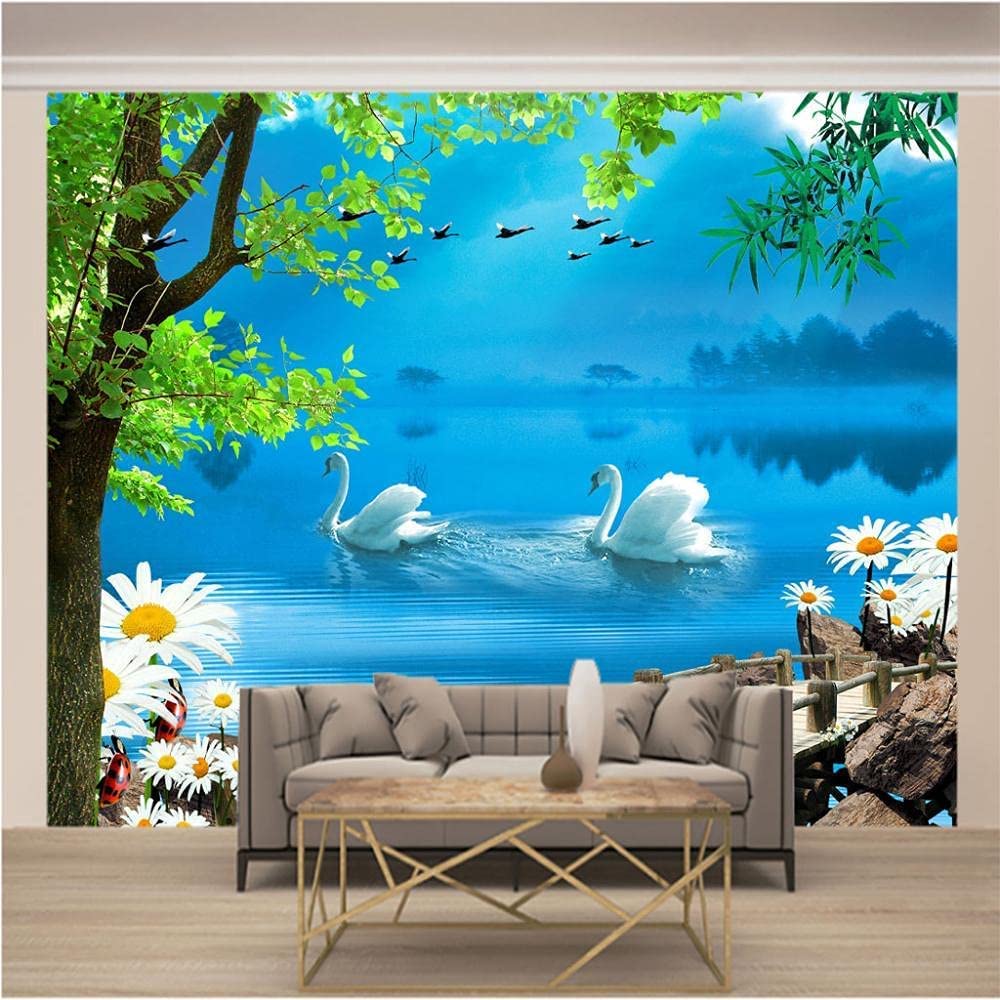 Papel Pintado Mural, 3D Pareja De Cisnes En El Lago Papel Pintado Autoadhesivo Peel And Stick Para Sala De Estar, Dormitorio, Tv, Fondo, Oficina, Restaurante, Habitación, Póst 350(ancho)x256(alto)cm