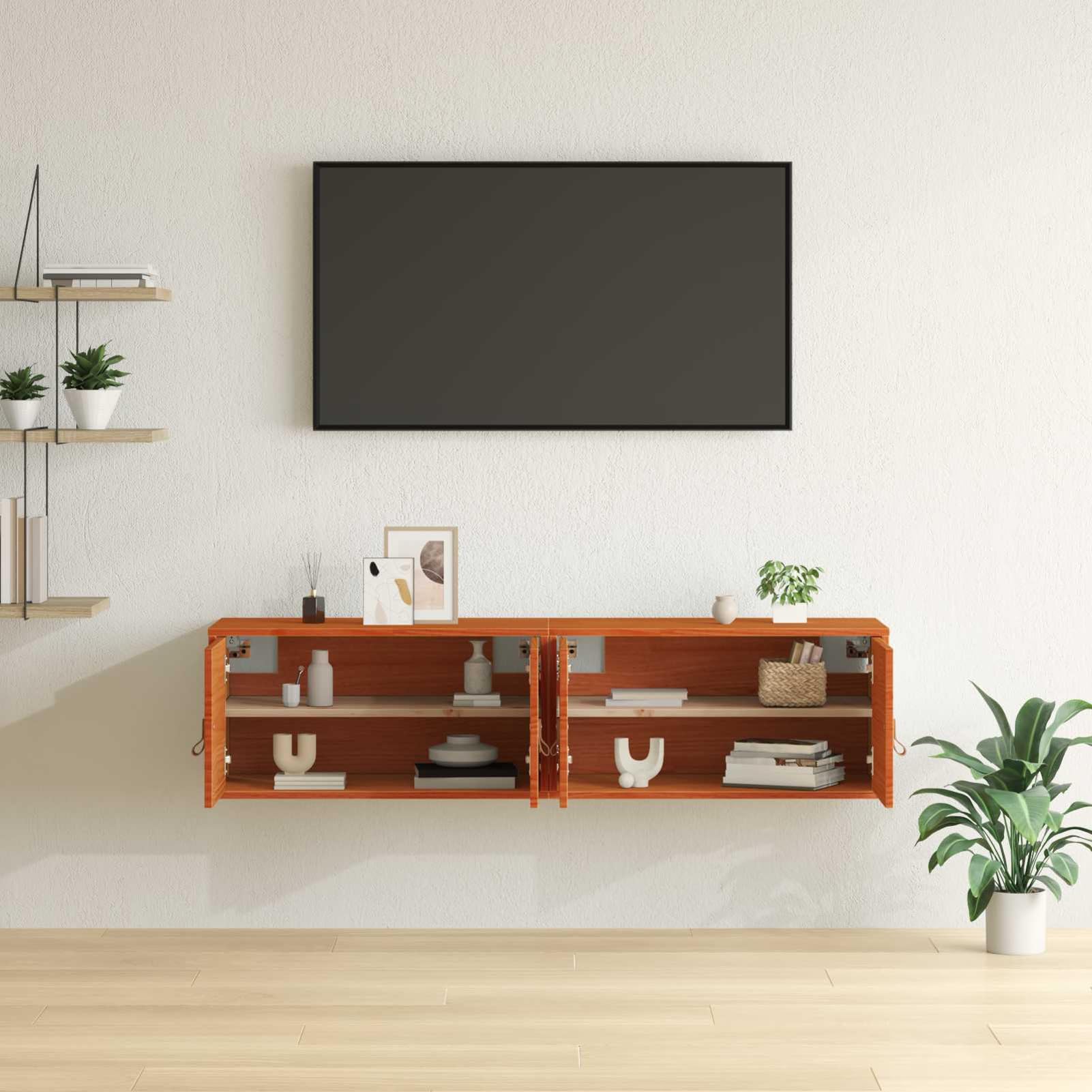 Armadio da parete con mensola, 60 x 30 x 30 cm, in legno di pino massiccio, marrone cera, 2 pezzi, per camera da letto e soggiorno