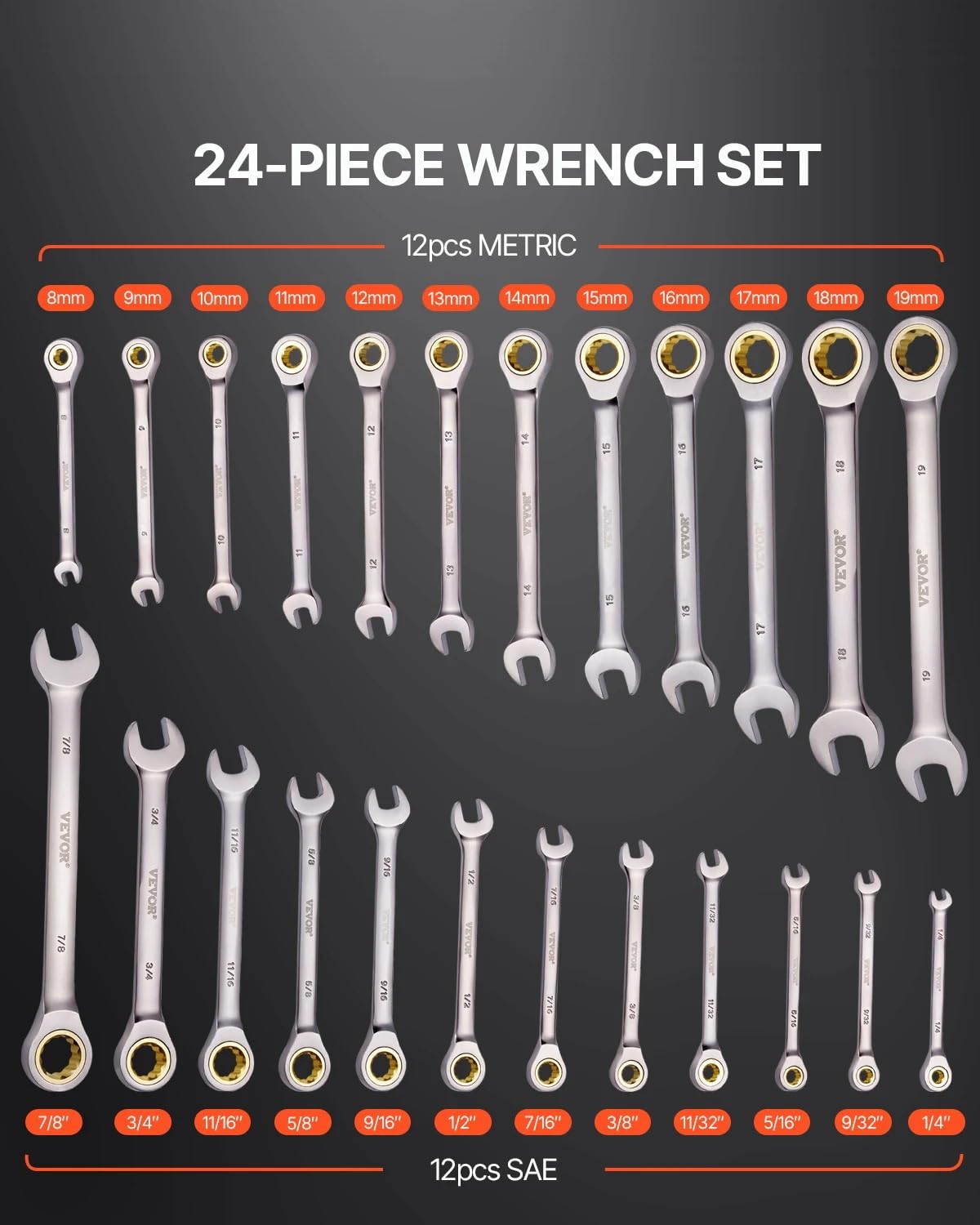 Zestaw narzędzi naprawczych Zestaw kluczy płasko-oczkowych 24/30-częściowy zestaw grzechotkowych z organizerem stalowych Cr-V SAE metryczny | 24 pcs