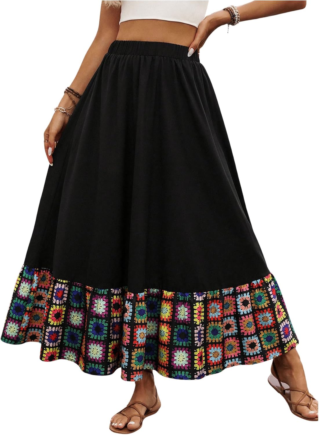 SweatyRocks Women's Floral Ruffle Maxi Skirts A Line High Waisted Vacation Boho Skirt