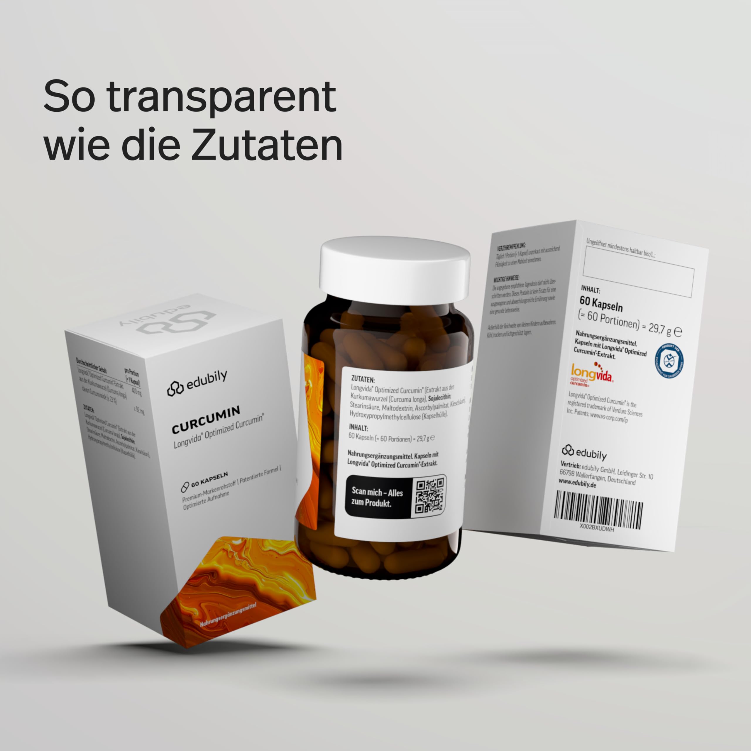 edubily® Kurkuma Kapseln - Curcurmin aus dem Markenrohstoff Longvida Optimized Curcumin® - in schützender Phospholipid-Hülle - Laborgeprüft - Vegan (400 mg Curcumin, 60 Kapseln)