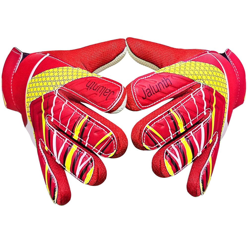Jalunth Kids Youth Soccer Goalkeeper Goalie Gloves Boys Girls Goal Keeper Field Player Glove Ages 9-10 Years Old Anti-Slip Latex Palm Soft Pu Hand Back Size 7 Red