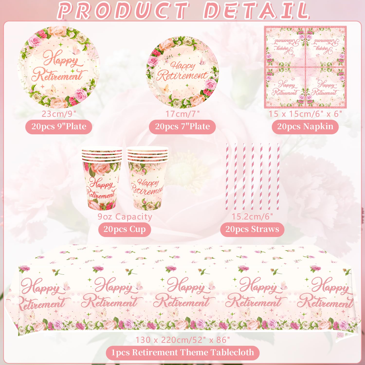 Set di decorazioni floreali per festa di pensionamento – Accessori per feste di pensionamento rosa, inclusi piatti, bicchieri, tovaglioli, tovaglia, cannucce – per 20 persone