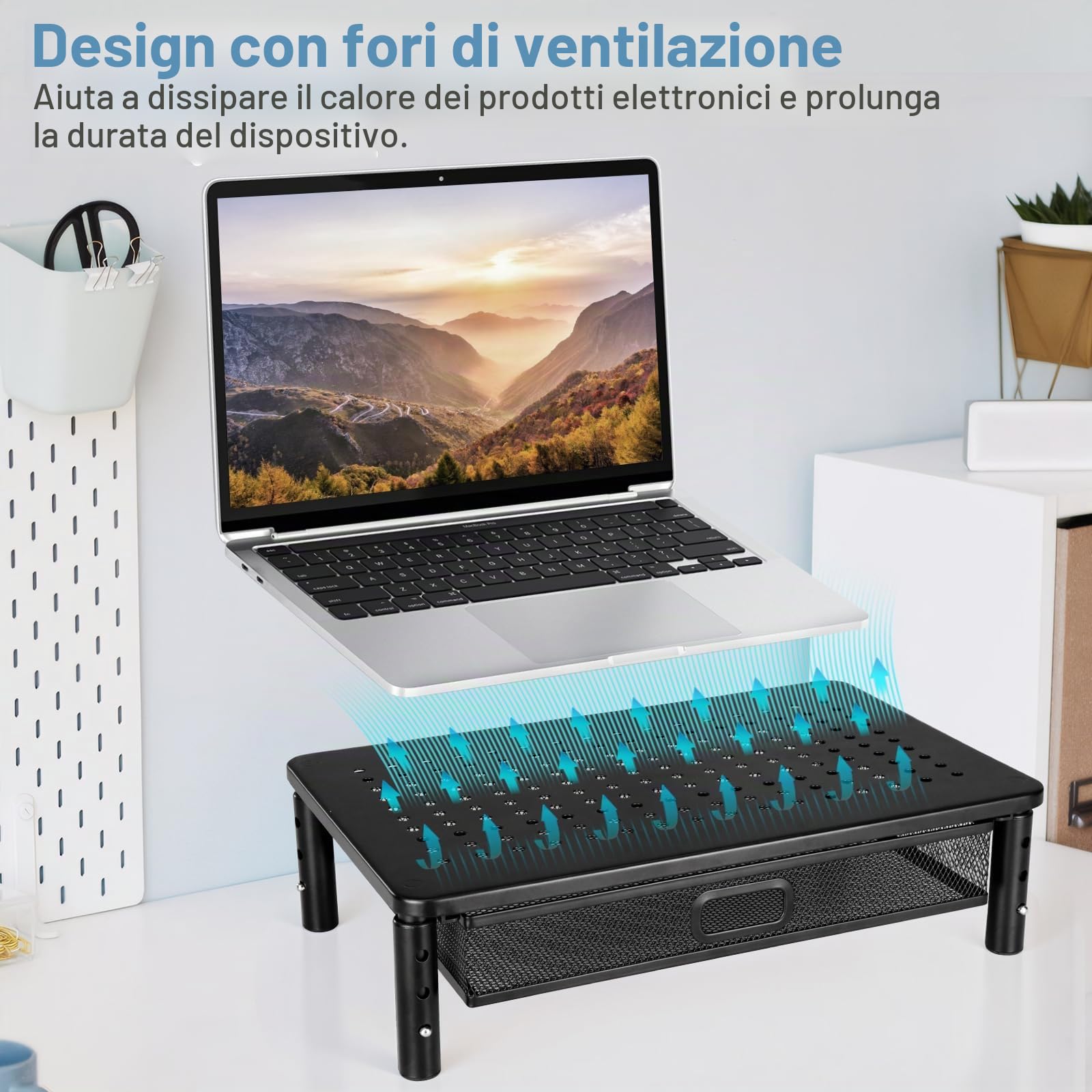seOSTO Supporto per monitor con cassetto, supporto per monitor, 3 altezze regolabili con organizer, rialzo per monitor in metallo per laptop, computer, PC, stampante