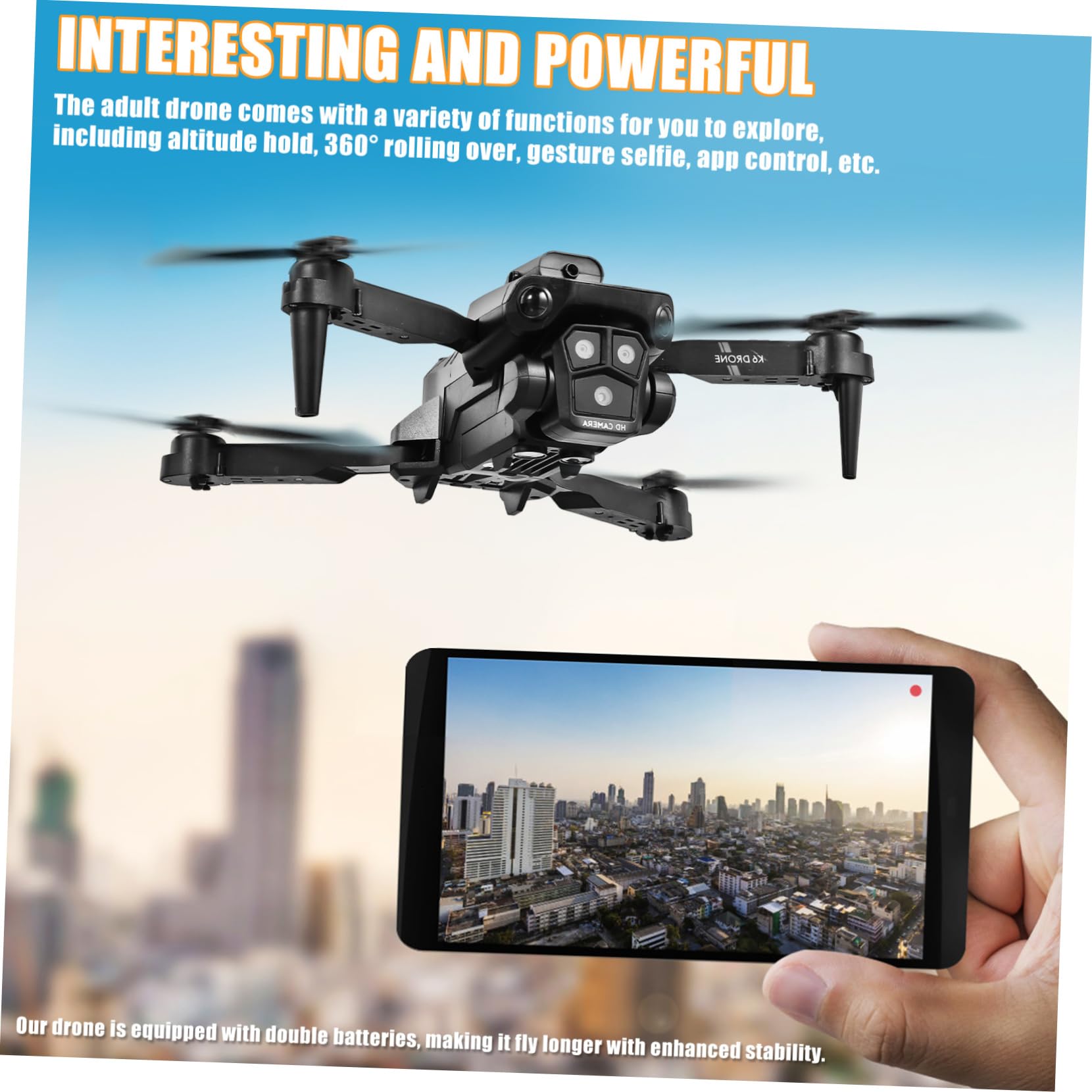 Drone Pieghevole Max con Tripla Fotocamera Hd, Nero | Lente Elettrica Regolabile 150°, Doppia Batteria 1800mah 3.7v, Controllo Tramite App