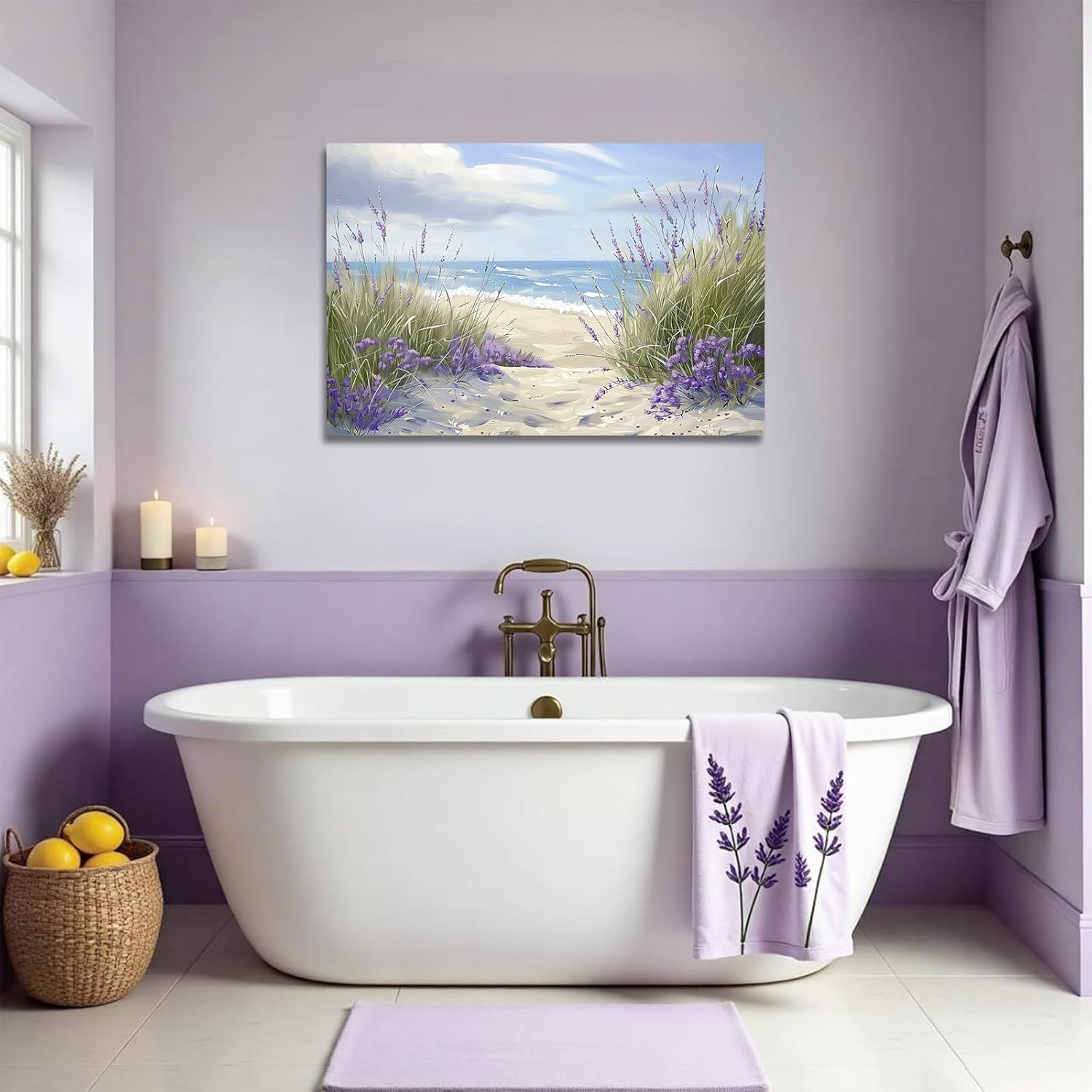 YMXDYMJSW Coastal Lavender Wall Art Purple Lavender Flowers Pictures Sunset Floral Canvas Prints Seascape Beach Theme Paintings for Bathroom Decor Frame (Teal,16L x 24W)