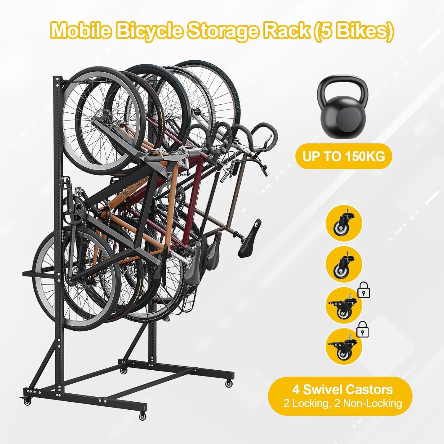 Support de vélo sur pied pour 5 vélos avec roulettes, réglable en hauteur de 1,2 à 2 m et largeur réglable, support de vélo en acier robuste 150 kg, 4 roulettes pivotantes (2 verrouillables