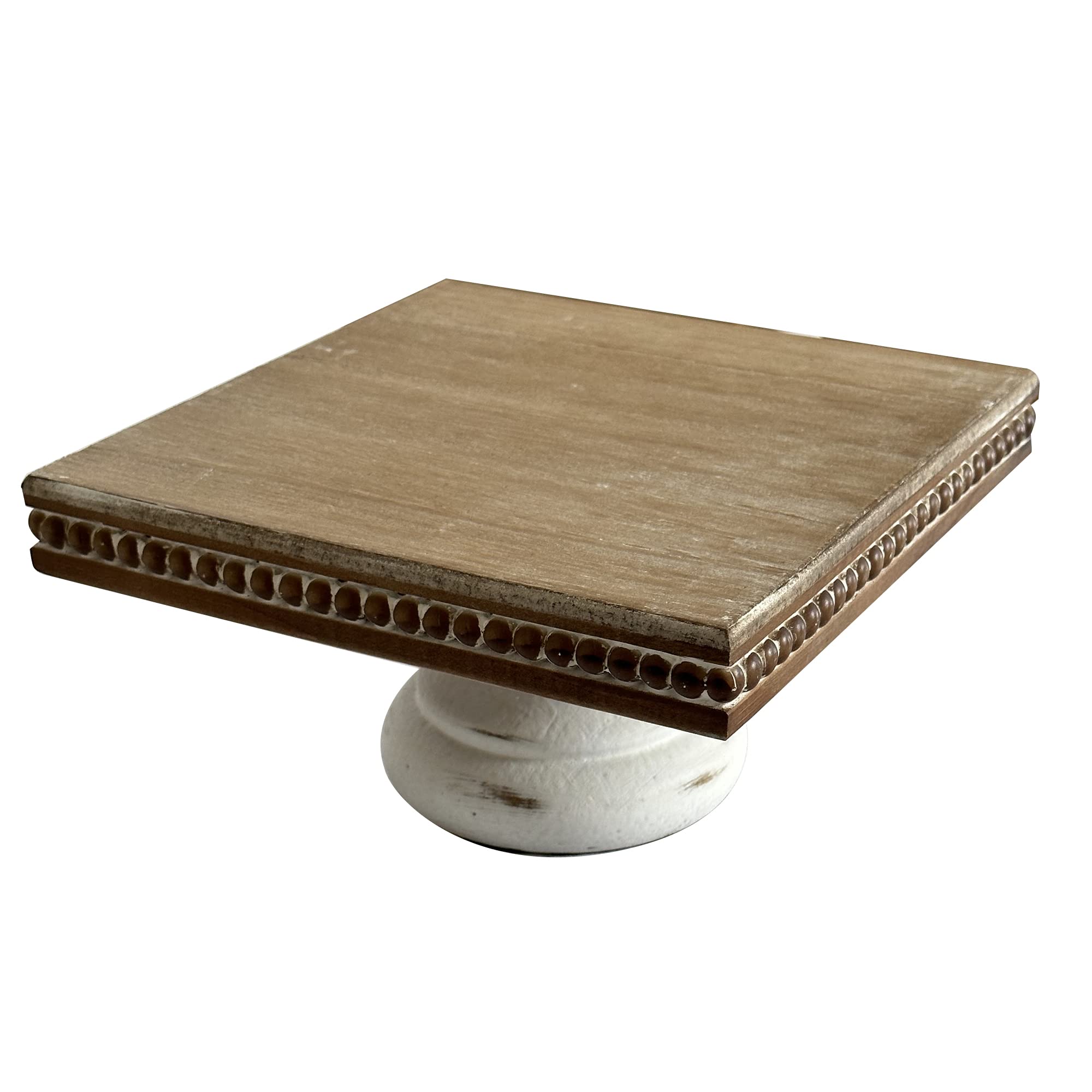 dwellington White Wash Display Wood Riser, 8.25 inch Shabby Chic Pedestal Tray Decor with Beads, Farmhouse Display Stands for Coffee Bar, Bathroom, Kitchen Island (Square)