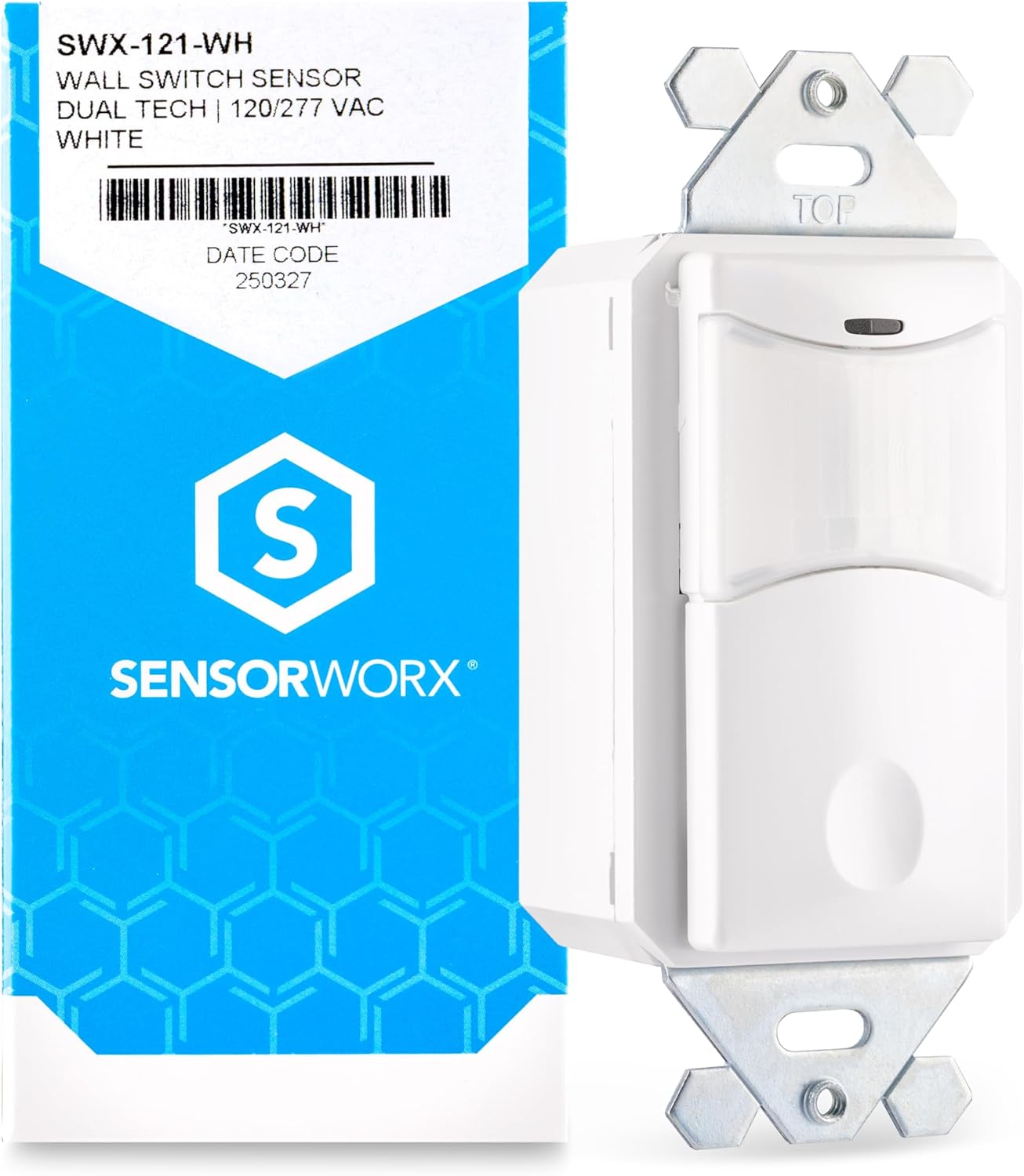 Occupancy Motion Sensor in-Wall Switch, SWX-121-WH, Passive Dual Technology Detection, PIR & Acoustic, Auto On, 120/277V, 800W/1200W, 1-Pole, No Neutral Required, White, Made in USA