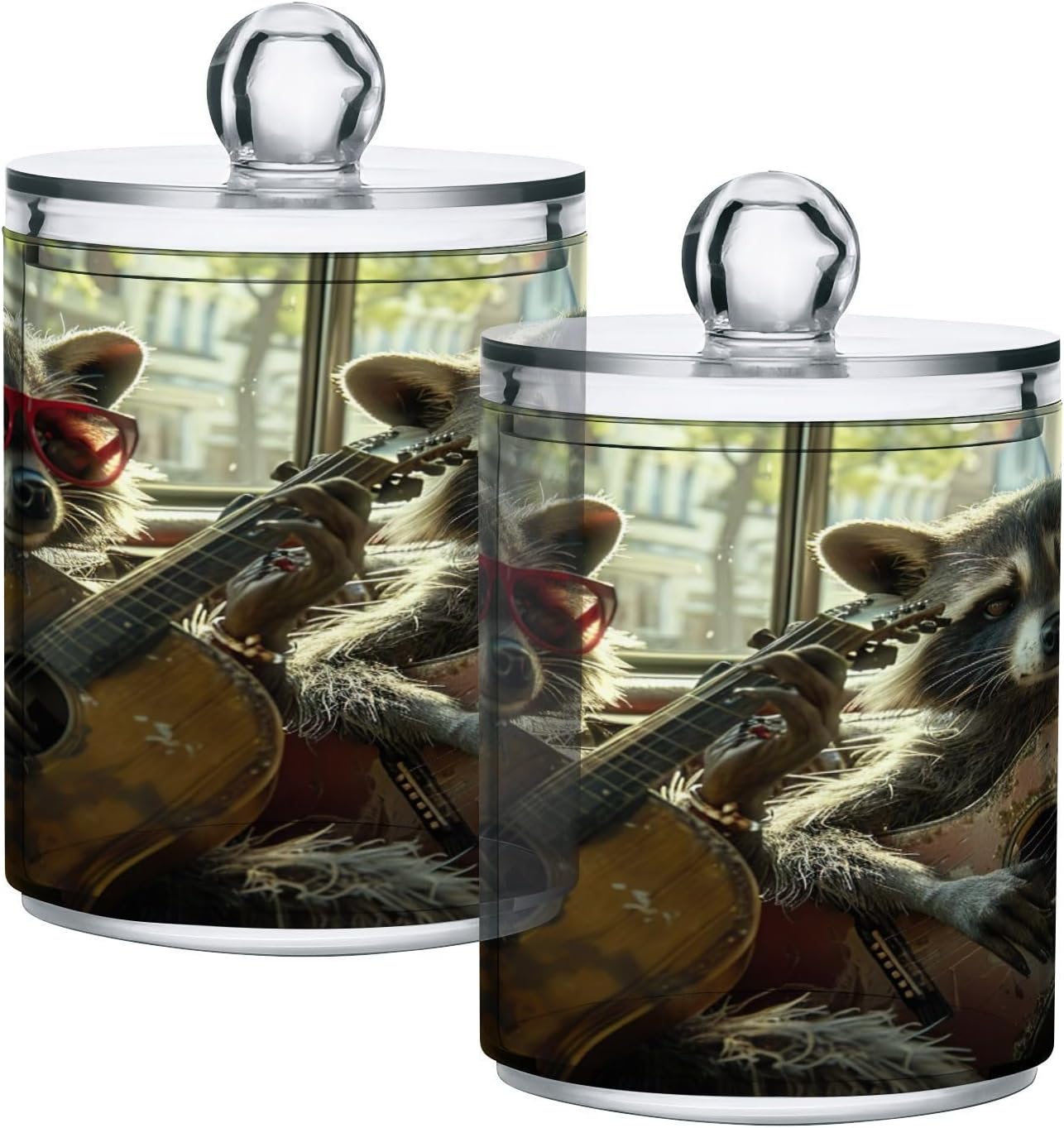 Qilmy 2 Pack Funny Raccoon Qtip Holder Dispenser with Lid, 14 oz Clear Plastic Apothecary Jar Set for Bathroom Vanity Organizers Storage Containers