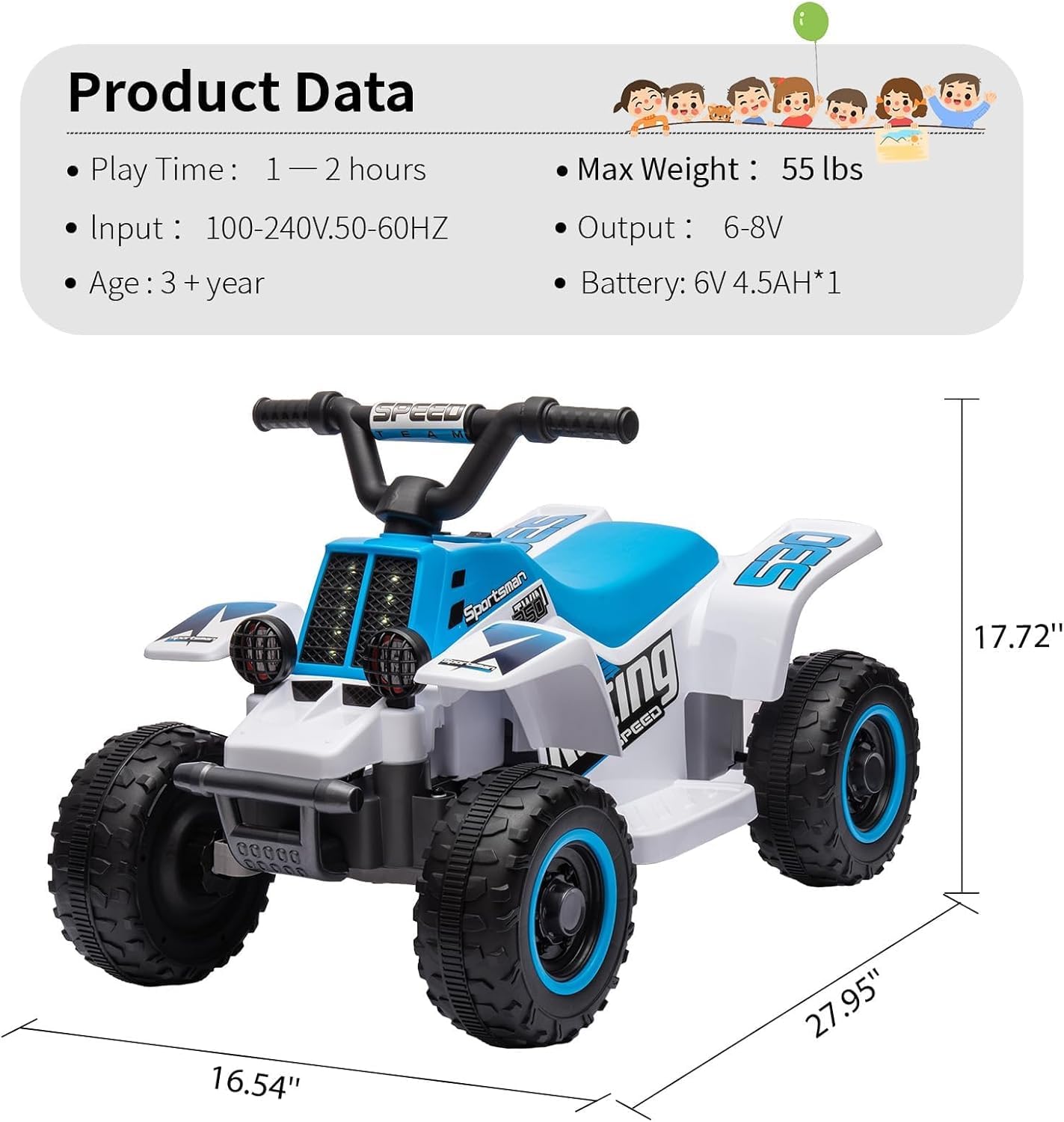 6V Elektro-Quad Kinderfahrzeug mit LED, Musik & Hupe – 1,8 km/h – Vorwärts-/Rückwärtsgang – EIN-Knopf-Start – Lange Akkulaufzeit – Für Kinder ab 3 Jahren – Indoor & Outdoor – Farbe: