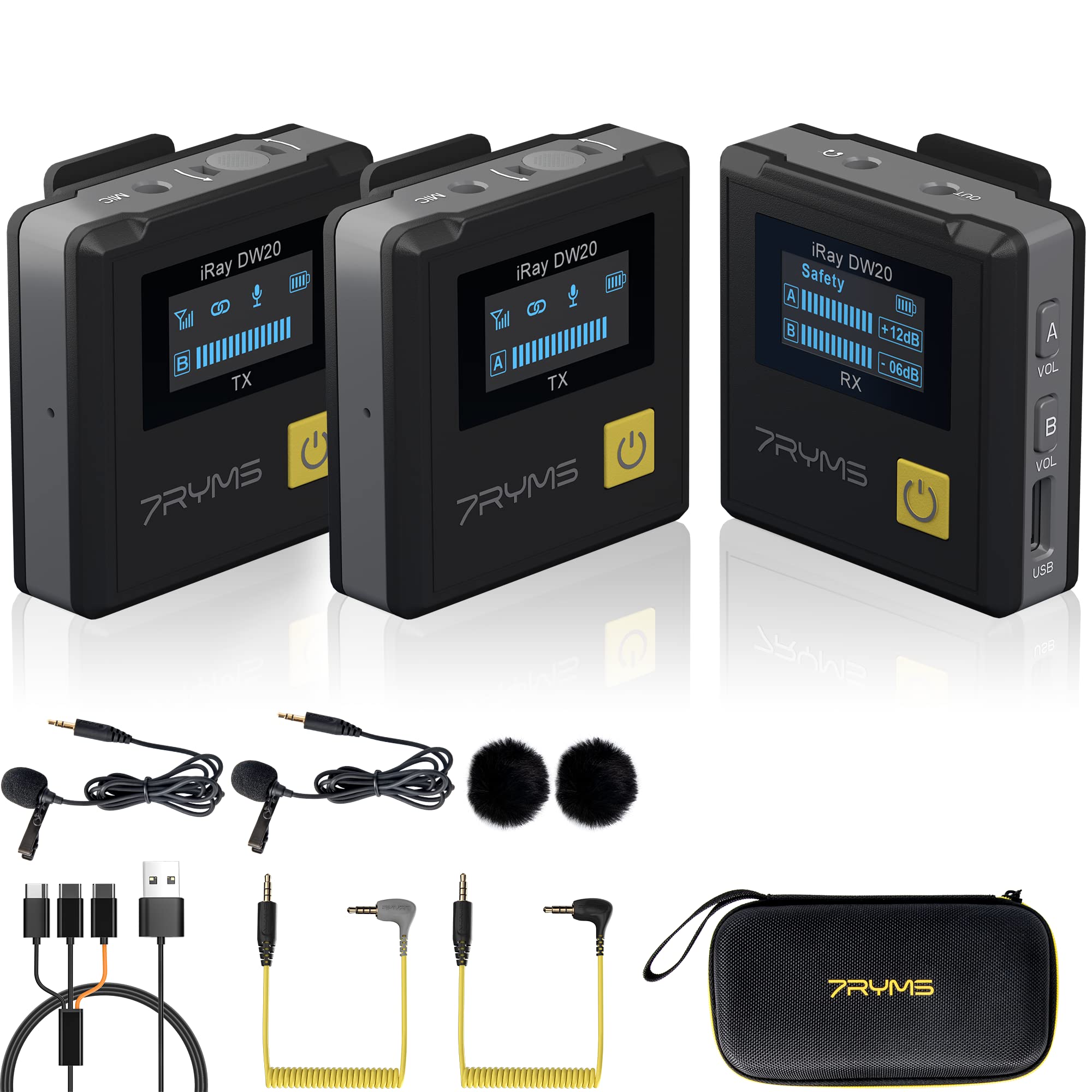 Wireless Lavalier Microphone System,7RYMS iRay DW20 2.4G Dual Wireless Lapel Mic for iPhone,DSLR Cam