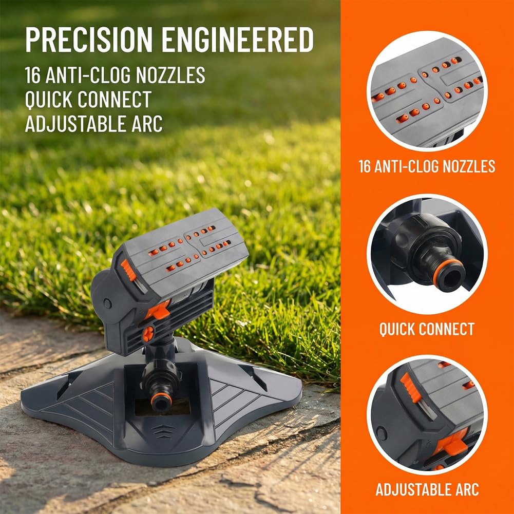 Oszillierender Sprinkler mit 16 Düsen mit Dual-Zonen-Wasser-Timer für Rasen- und Gartenbewässerung, Mini-Turbo-Sprinkler für große Flächenabdeckung, effizientes Bewässerungssystem