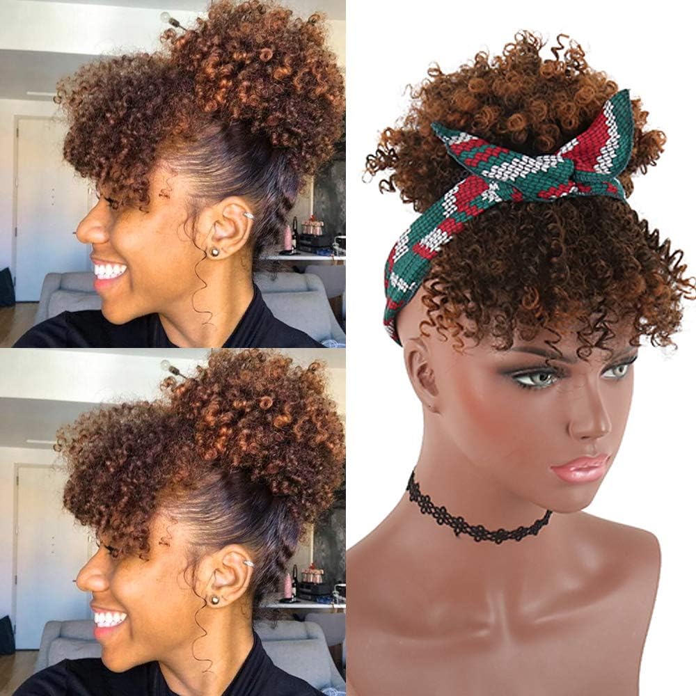 KRSI Afro Puff Clip Ponytail Drawstring With Bangs Short Kinky Curly Hair Bun Clip in on Wrap Updo Hair Extensions for African American Women(T1B/30)